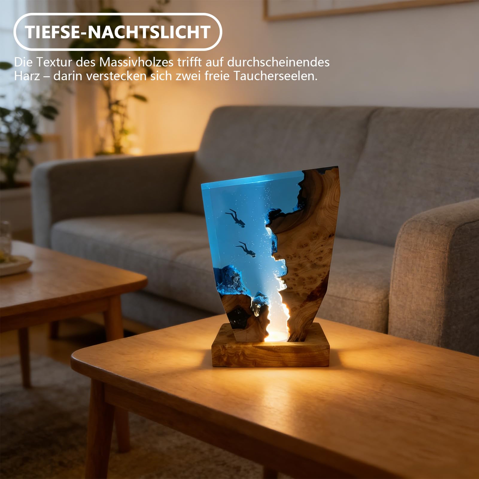 Marine Statue Dekoration Lampe,Harz-Ozean-Lampe,3D Ozean Figur Harz Statue Ornamente mit Holzsockel,Tiefsee-Höhlentauchen-Nachtlicht für Zuhause,Deko Weihnachten Geburtstag Geschenke (8*5in)