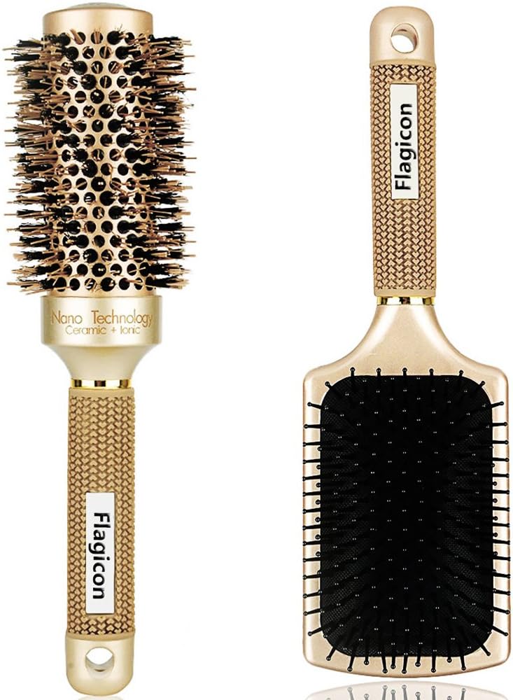 Round Hair Brush Nano Thermal Ceramic Barrel with Natural Boar Bristles for Blow Drying, Styling, Curling, Straightening, Increases Hair Volume and Shine 1.8 Inch+ Paddle Brush