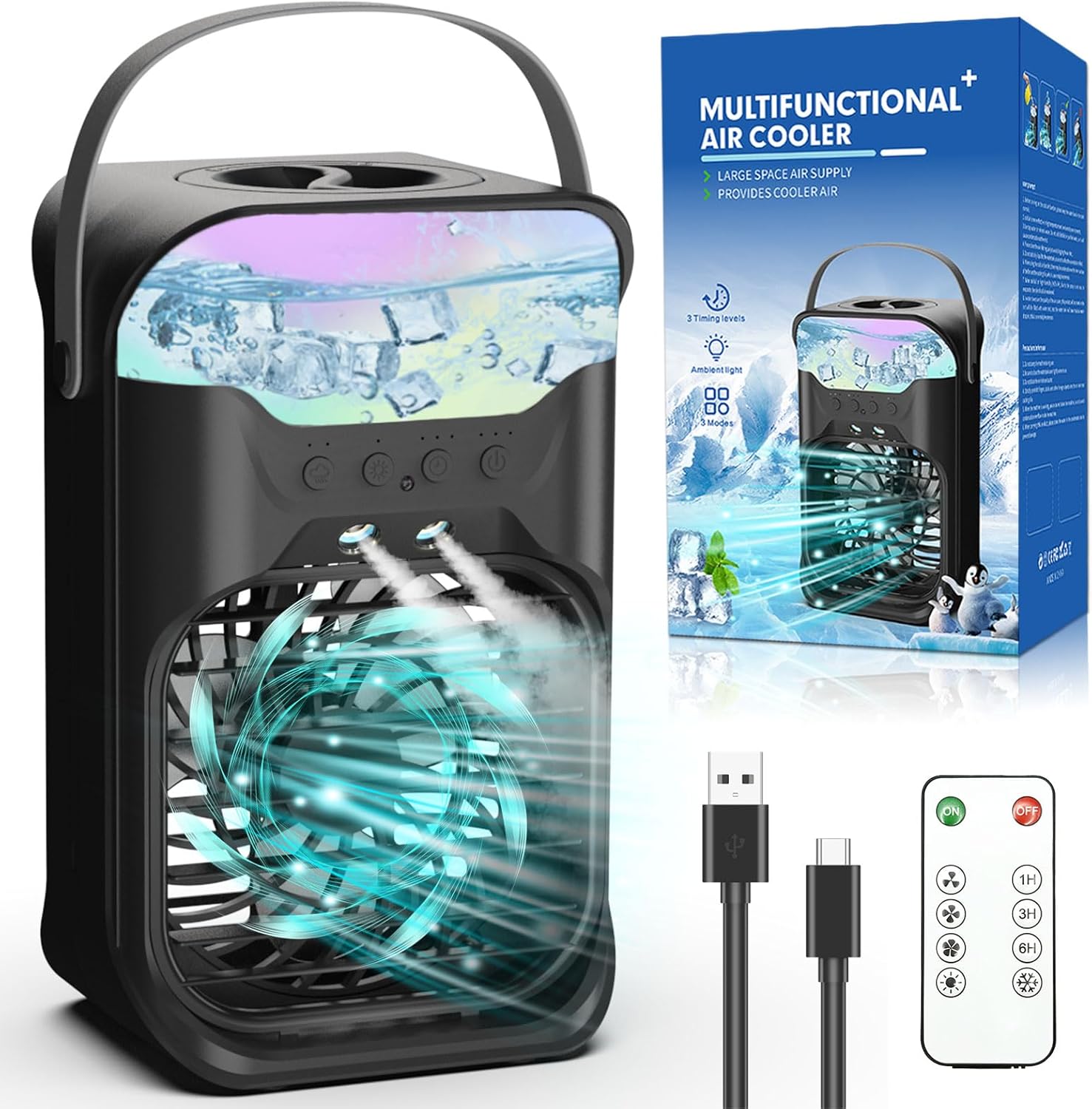 Small Portable Air Conditioners, Portable AC Unit w/Remote, 1.5L Water Tank, 3 Speeds, 2 Cool Mist, 3 Timers, 7 Night Light, Mini Air Conditioner, Personal Air Cooler Fan for Room Bedroom Office