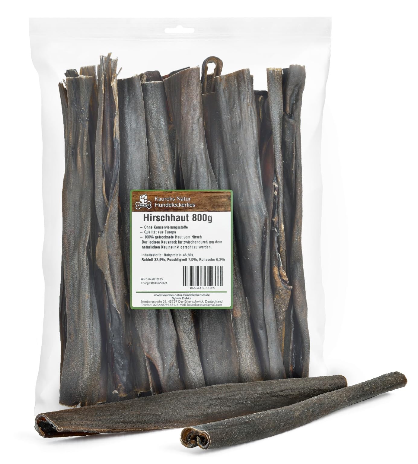 Kaureks Natur Hundeleckerlies Hirschhaut 800g ca. 25-30 cm natürliche Zahnpflege für Hunde, wie Pferdekopfhaut, Rinderkopfhaut
