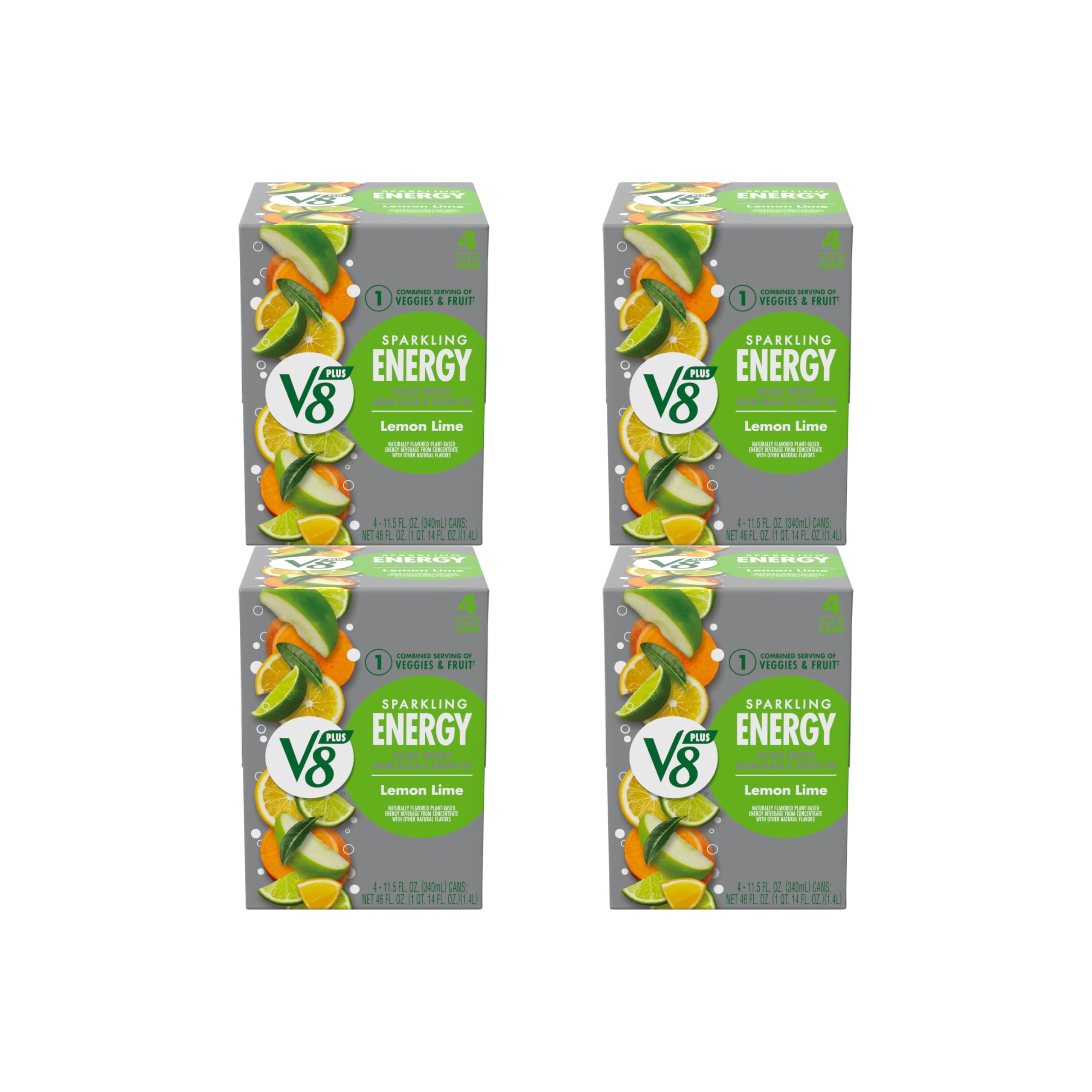 V8 +Energy Sparkling Lemon Lime Juice Energy Drink, 11.5 fl oz Can (Pack of 16)