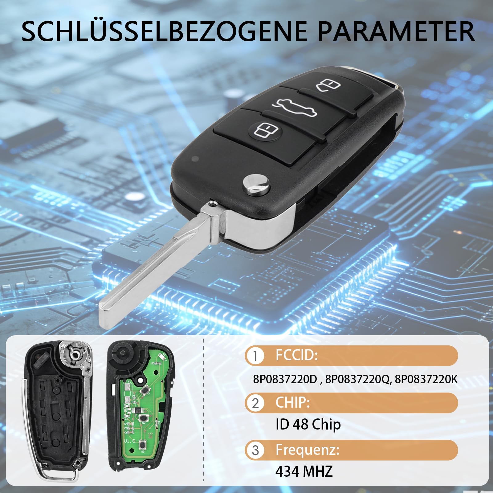 Funkschlüssel 433MHz für Audi A3 A4 A5 A6 A6L A8 Q3 Q5 Q7 TT S3 S4 S5 RS B6 B7 C5 C6, Autofernschlüssel ID48, Kompatibel mit 8P0837220D 8P0837220Q 8P0837220K