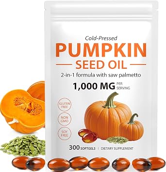 Pumpkin Seed Oil with Saw Palmetto Capsules, 300 Softgels Cold Pressed, Pure Virgin Oil, Essential Fatty Acids & Phytosterols, Supports Hair, Urinary, Bladder & Prostate Health, Dietary Supplement