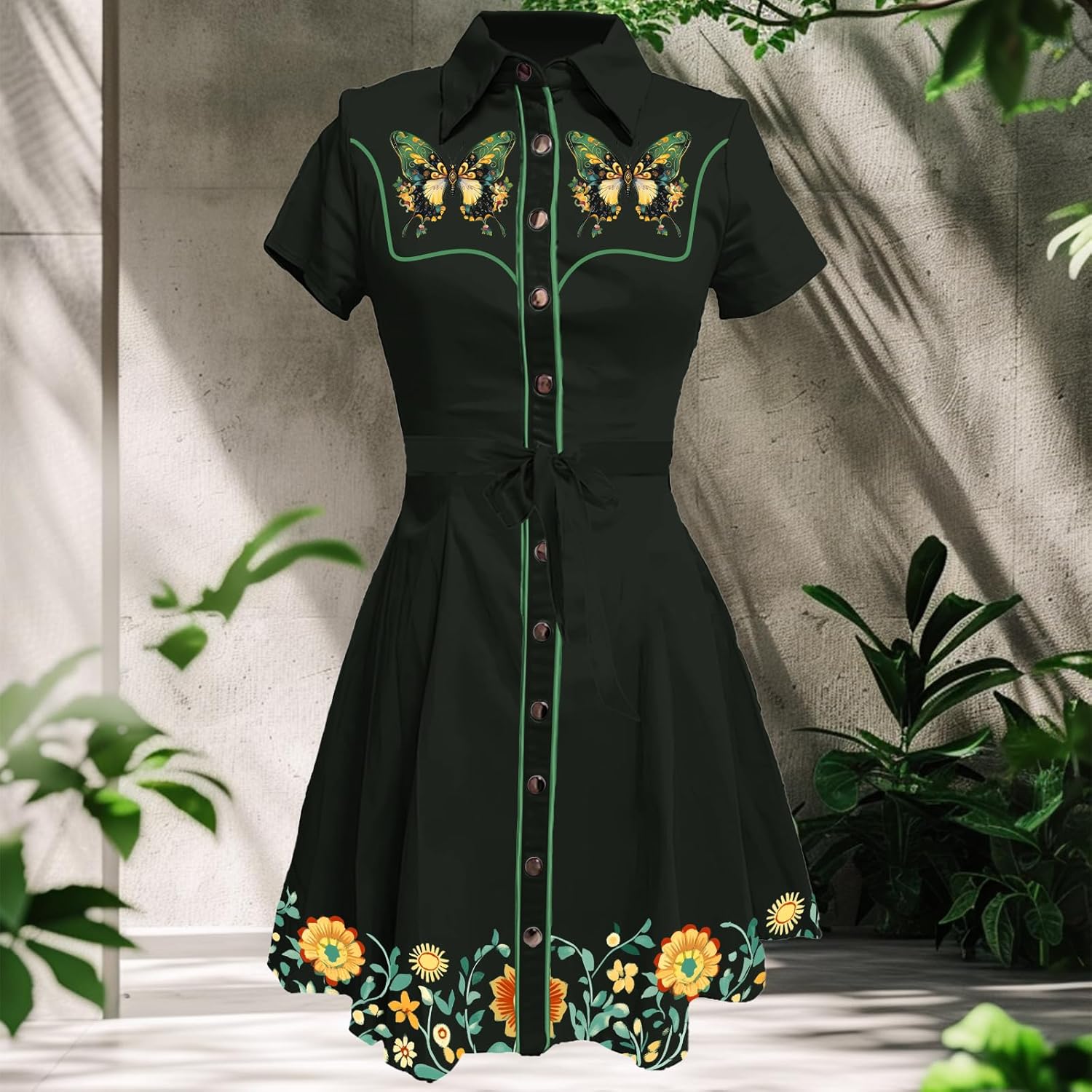 Business Casual Dress for Women Western Floral Short Sleeve Collared Button Down Fashion Aline High Waist Dress - Image 2