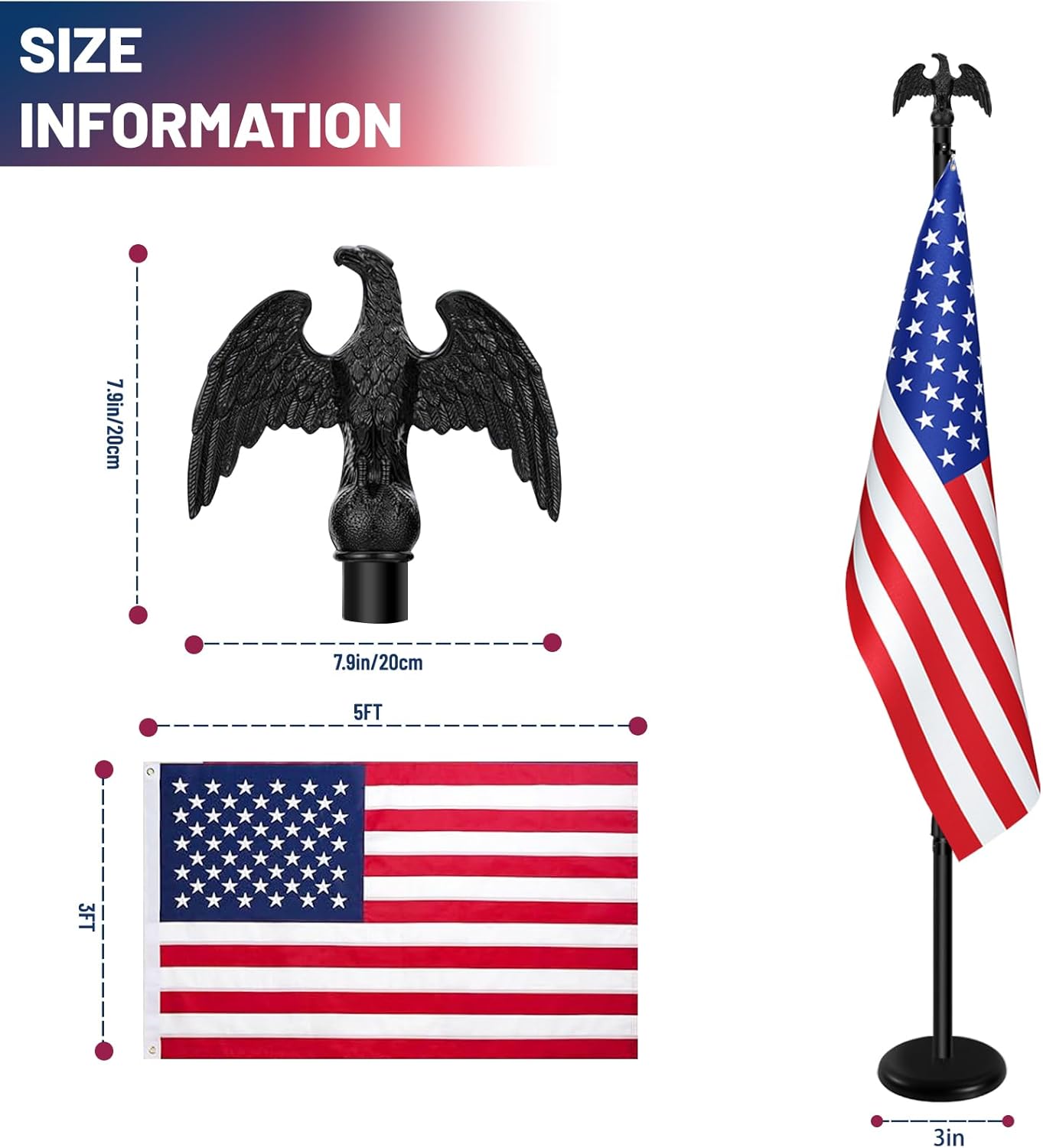 Indoor Flag Pole Kit - Telescoping 6FT-8FT Flag Pole with Base, 3x5 FT Embroidered Stars American Flag,Black Eagle Topper, Black Flagpole and Stand, for Office School City Hall(1Pack)