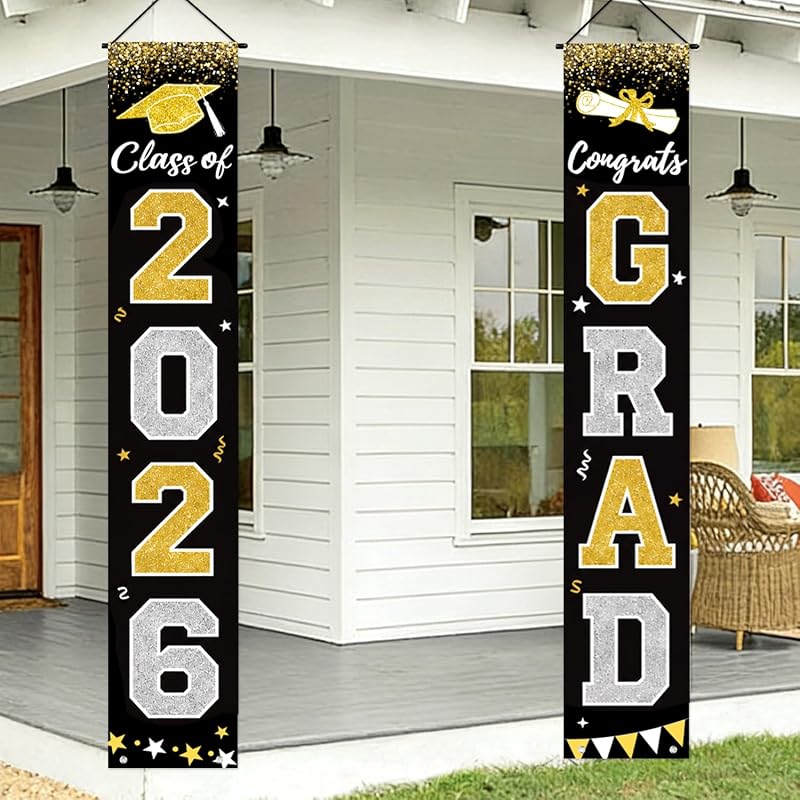 Graduation Banner Class of 2026, Black and Gold Graduation Decorations 2026 Porch Banner, Congrats Grad Decorations for Door and Porch Party Supplies