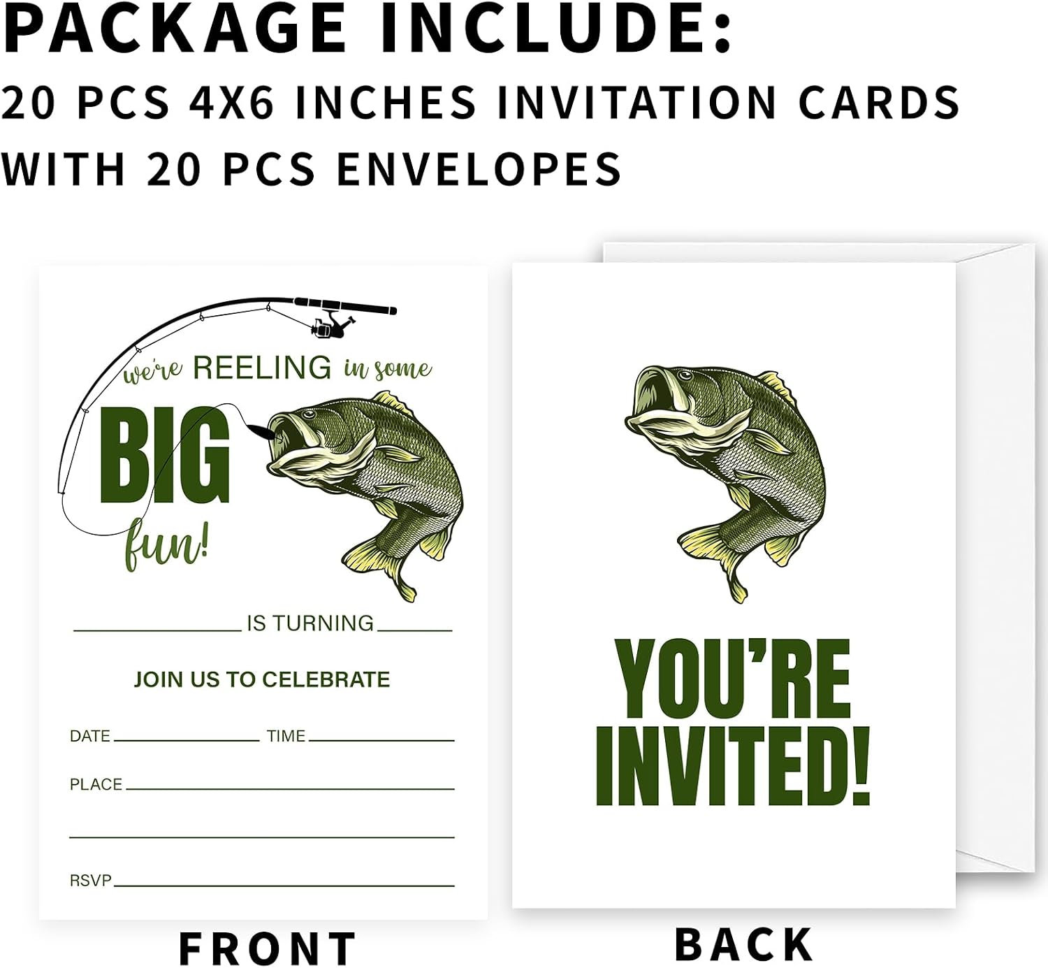 Fishing Theme Birthday Invitations, We're Reeling Birthday Invitation Cards, 20 Fish Invites with Envelopes for Party Supplies Decorations-C03