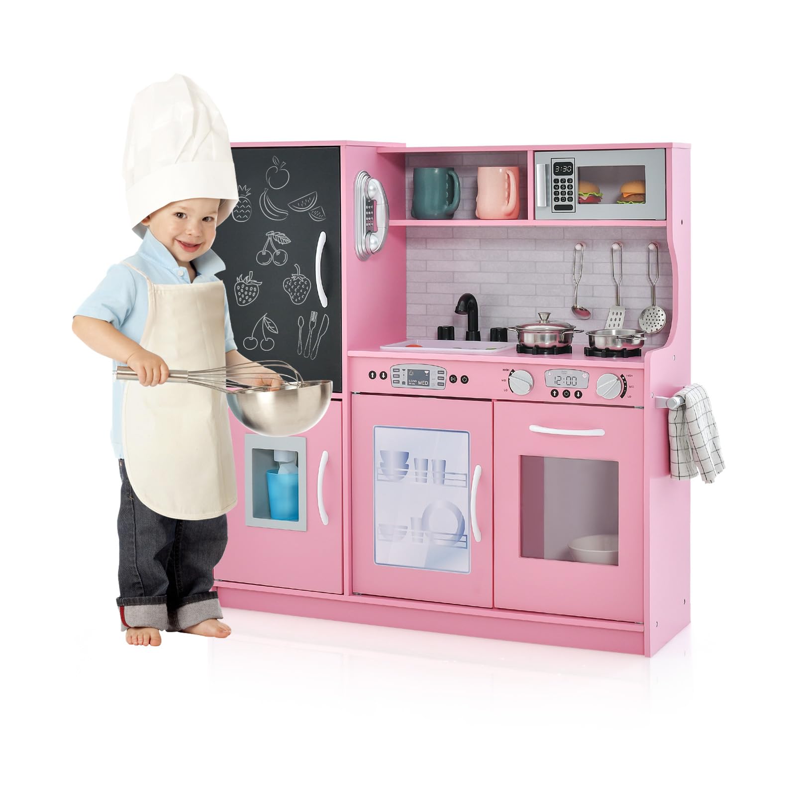 Maxmass Kids Play Kitchen, Wooden Children Pretend Kitchen with Ice Maker, Telephone, Chalkboard, Double Stoves, Dishwasher, Cookware Accessories, Toddler Boys Girls Cooking Toy Playset (Pink)