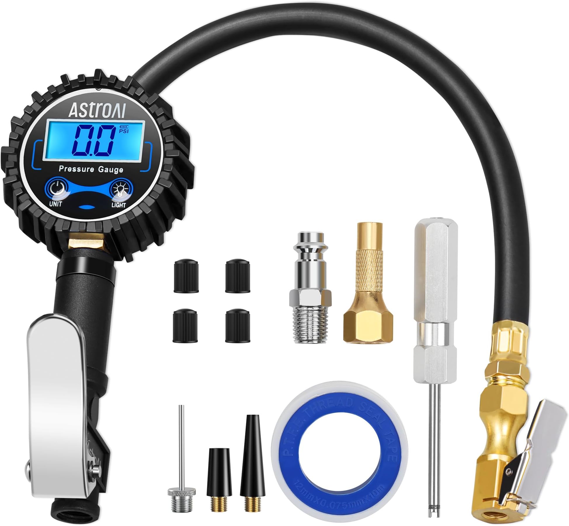 AstroAI Digital Tyre Inflator with Pressure Gauge, 0.1 Display Resolution 250 PSI Air Chuck and Compressor Accessories Heavy Duty with Rubber Hose and Quick Connect Coupler