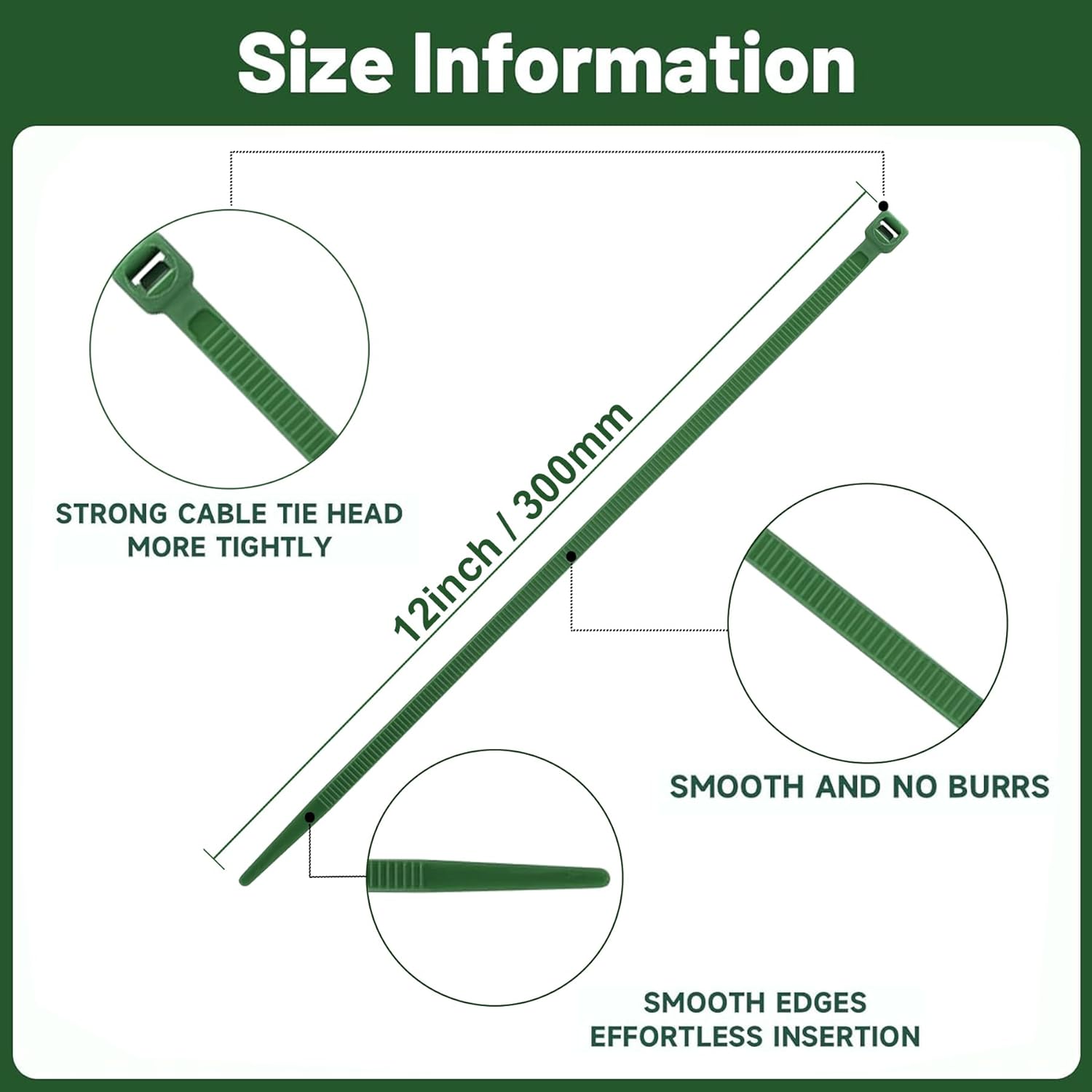 YOY 200pcs 12" Cable Zip Ties, Heavy Duty Self-locking Nylon Wire Ties for Plants Gardening Farming Grid Wall Fence Home Office,Premium Plastic Decor Tie Wraps for Christmas Tree Ornaments, Dark Green