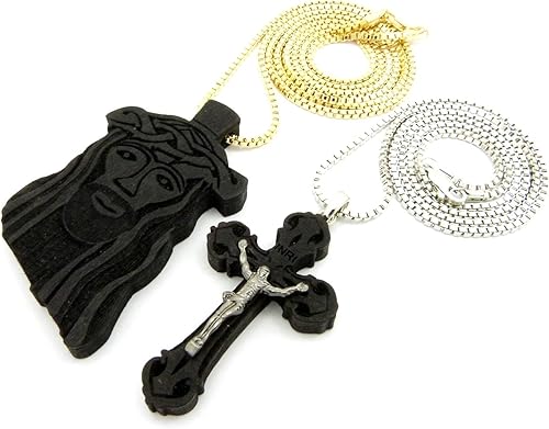 Miniatura 3 de Jesús Cara, colgante de la Cruz de madera con 2 mm 24," 30" Caja Cadena 2 Collar Set Jet Negro tono