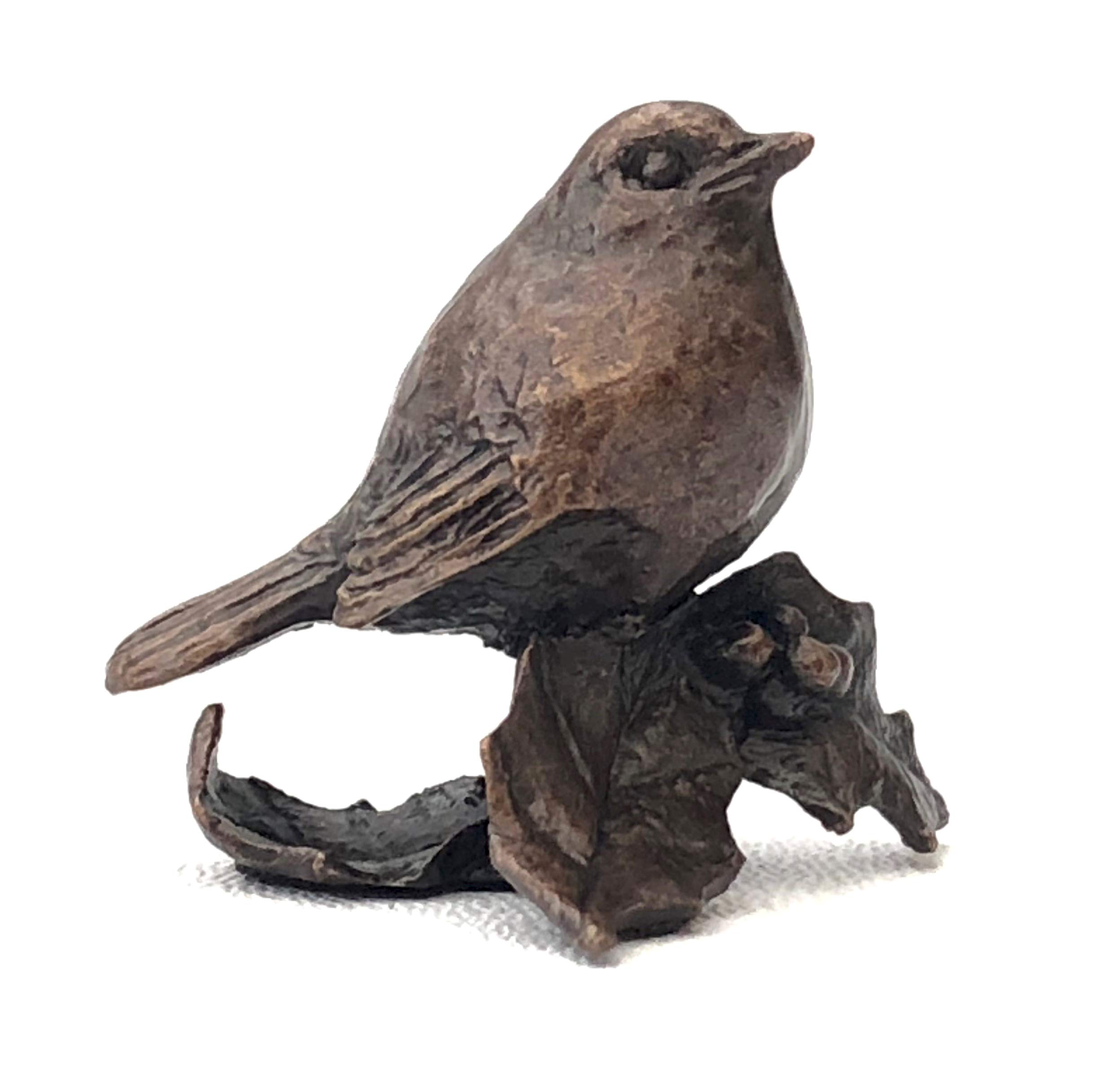 Butler & Peach Detailed Small Solid Bronze Robin on Holly with Berries Boxed Gift