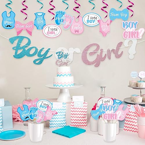 Miniatura 5 de Paquete de 42 decoraciones de fiesta de revelación de género, diseño de remolinos colgantes azules y rosados para niños o niñas, decoración de