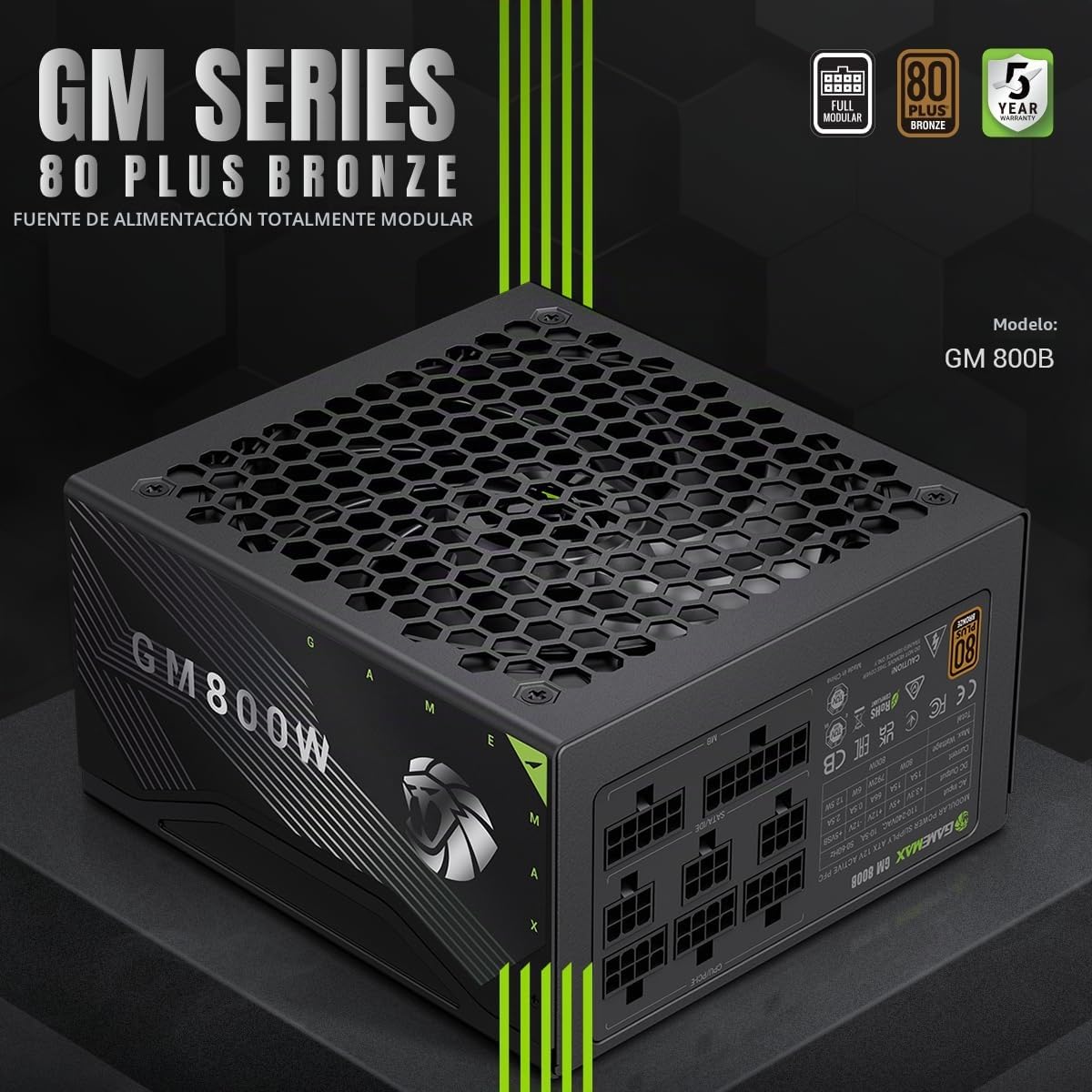 GAMEMAX GM 800B Fuente de Alimentación PC 800W, Full Modular, 80 Plus Bronze, PFC Activo y DC-to-DC, Ventilador de 140 mm, condensadores, 7 Protecciones de Seguridad