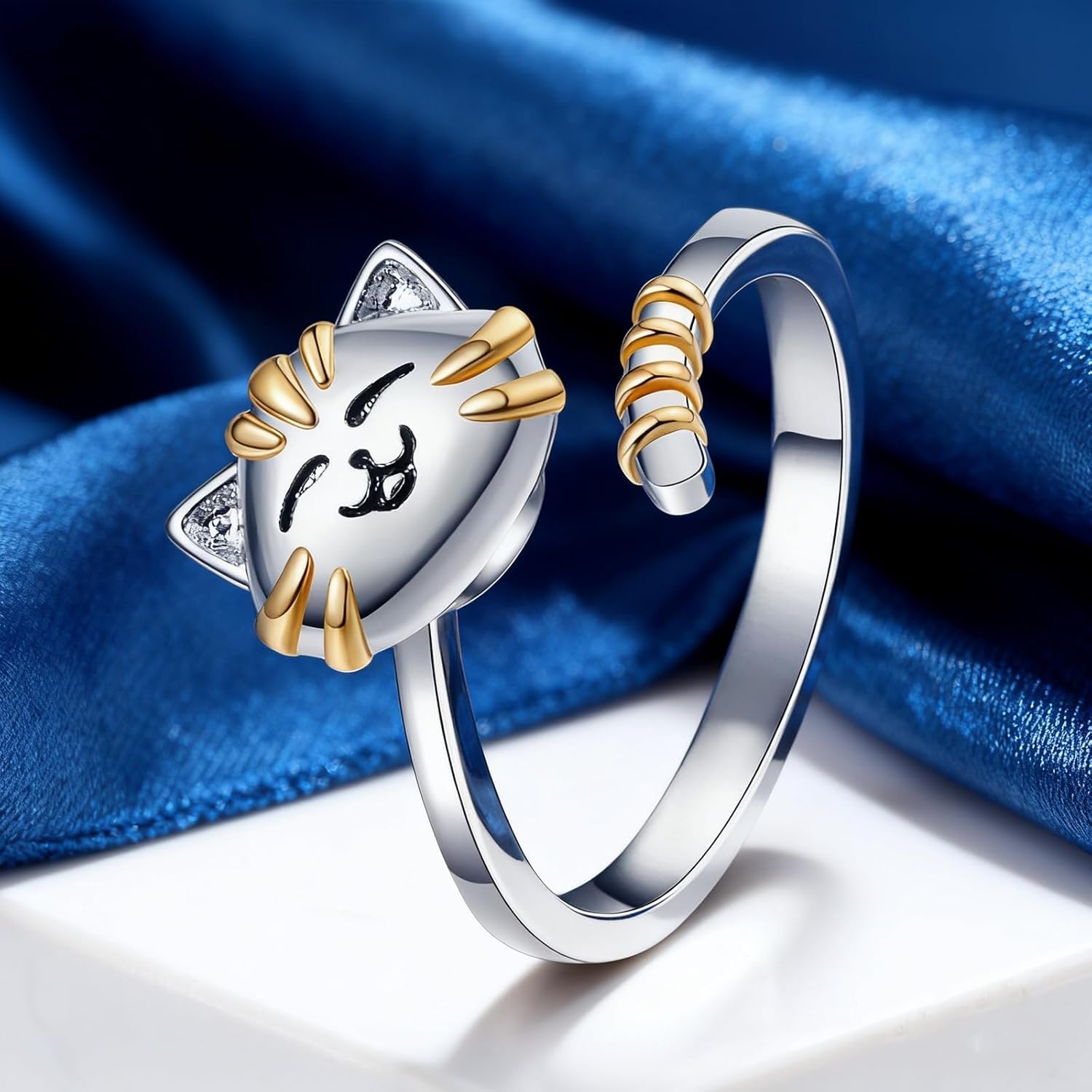 2Pcs Cute Cat Fidget Ring for Best Friend Couple Women Kitten Anxiety Relieve Spinner Adjustable Rings Rotatable Animal Fidget Jewelry Finger Gift