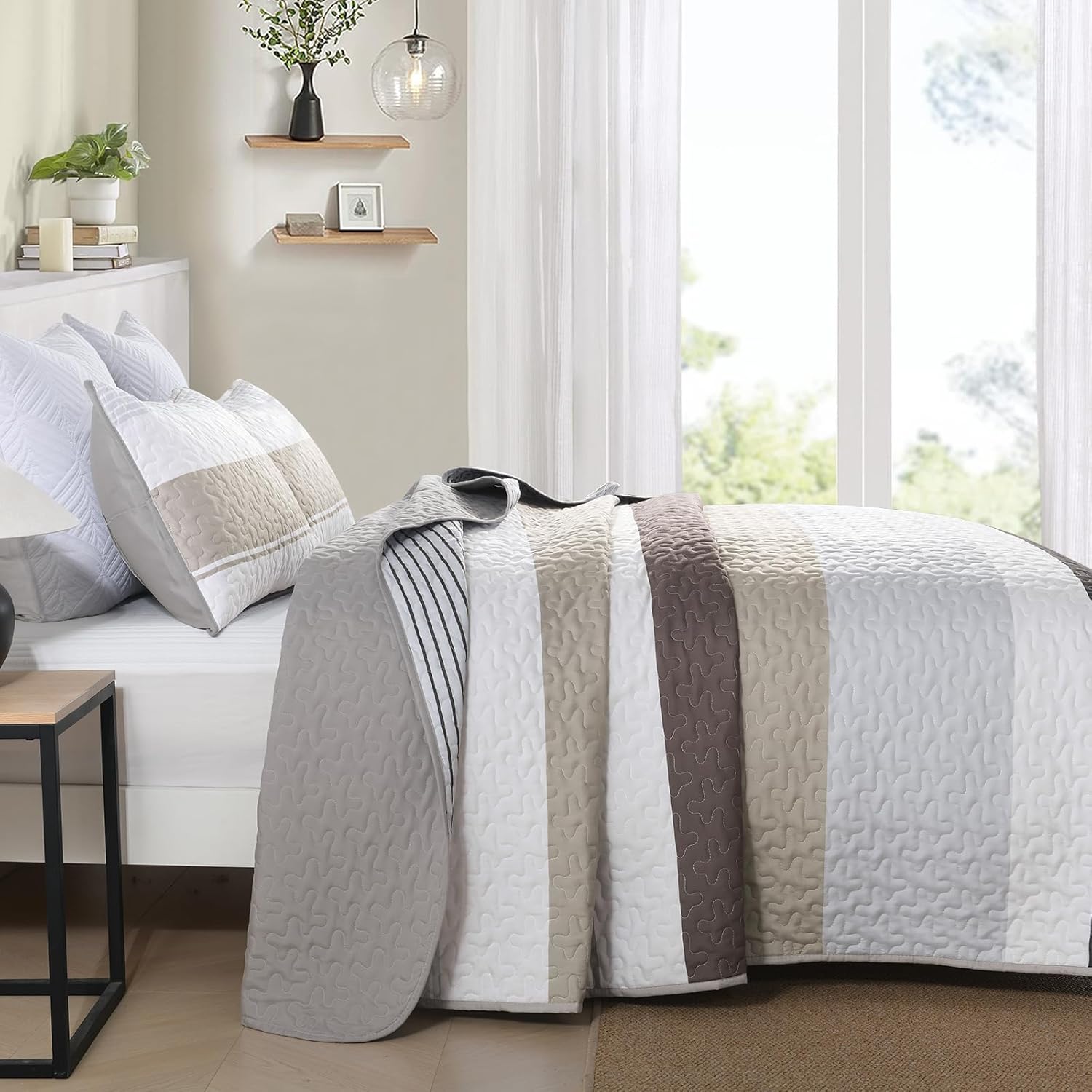 Dinjoy Grey Boho Quilt Set Queen Size,Fall Gray Bedding Sets Striped Patchwork Brown Bedspread Lightweight Micofiber Farmhouse Coverlet Bed with 2 Pillowshams for Men Winter Autumn - Image 4