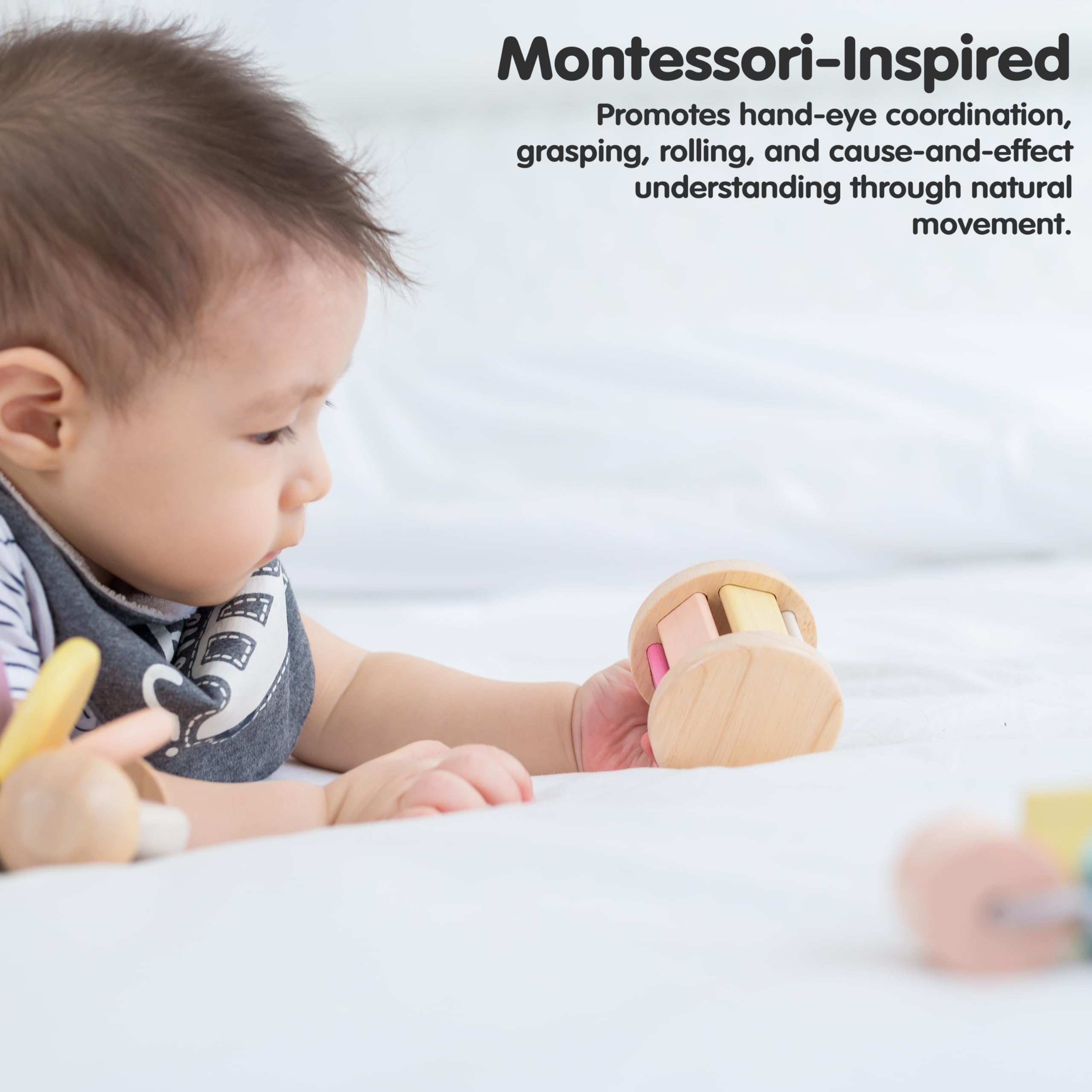PlanToys Sonaglio Baby - Rodari Baby Arcobaleno - Sonaglio in Legno con Suono Morbido al Rotolo, Giocattolo in Legno per Bambini 6 Mesi - Giocattoli di Legno - Regalo per Neonati - Torta