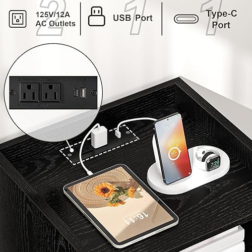 Vista 4 de Juego de 2 mesitas de noche con estación de carga, mesas auxiliares de ratán con patas de madera maciza, mesa auxiliar bohemia para dormitorio