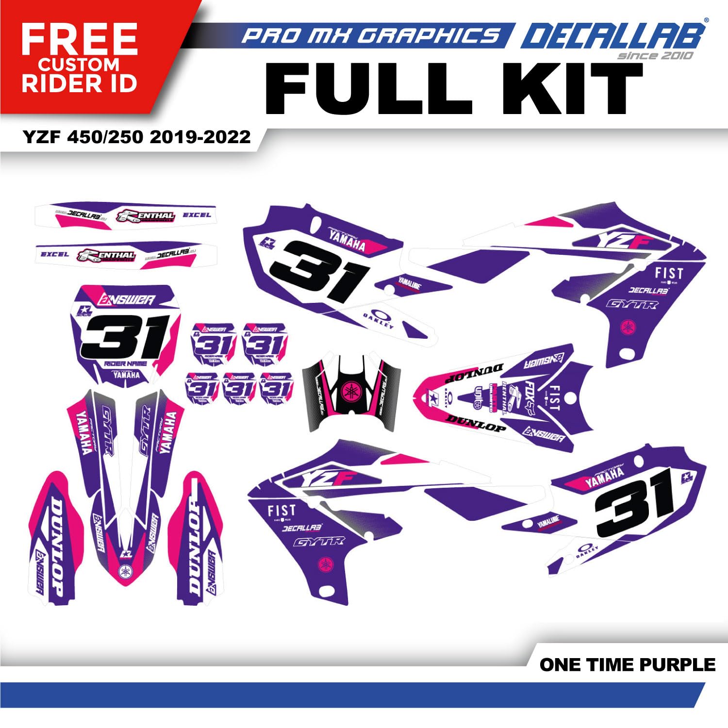 Customizable Personalized Motocross Full Graphics Kit, Complete Professional Dirt Bike Racing Decal Sticker Set for Yamaha YZ250F YZ450F YZF250 YZF450 2018 2019 2020 (Purple)