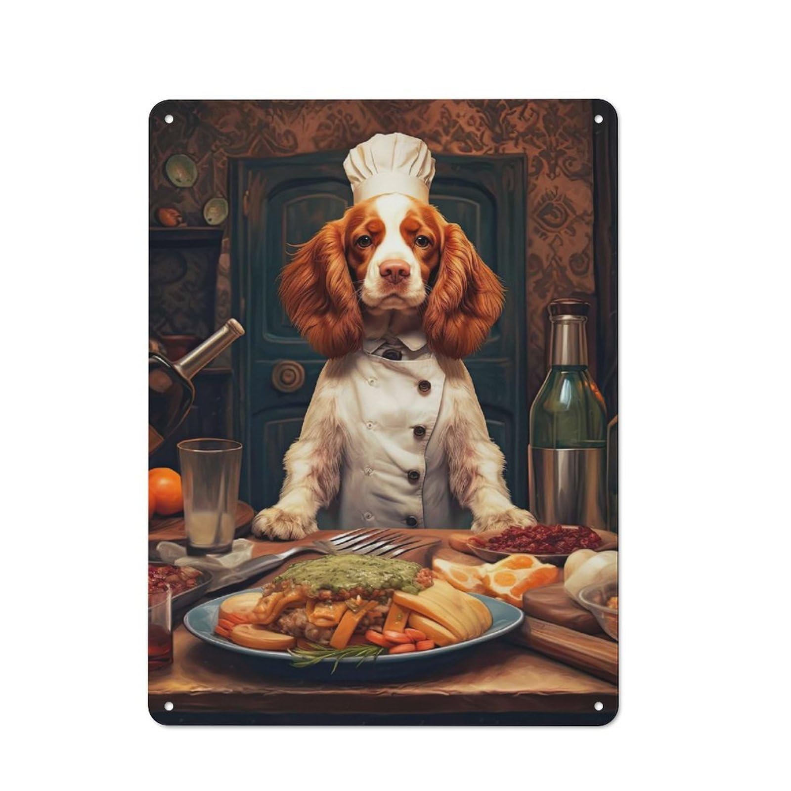 Junmoney Brittany Spaniel Chef Vintage Metal Plaque 40X30cm, Bistro Wall Plaque For Coffee Bar, Kitchen, Bistro Or Tea Corner