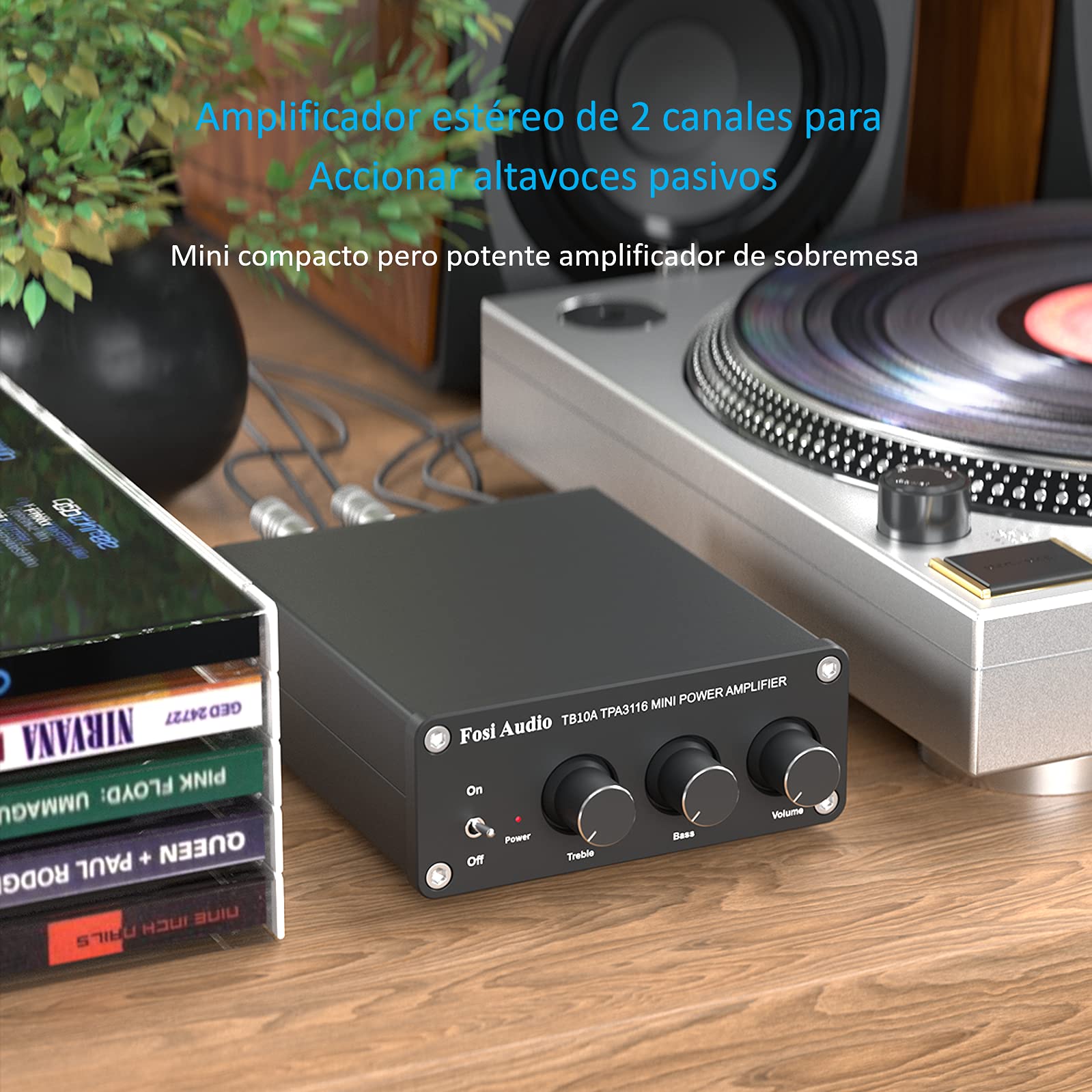 Fosi Audio TB10A Amplificador de Audio Estéreo de 2 Canales, Mini Hi-Fi Clase D Amperio Integrado 2.0CH para los Altavoces del Hogar 100W x 2, con Control de Bajos y Agudos TPA3116