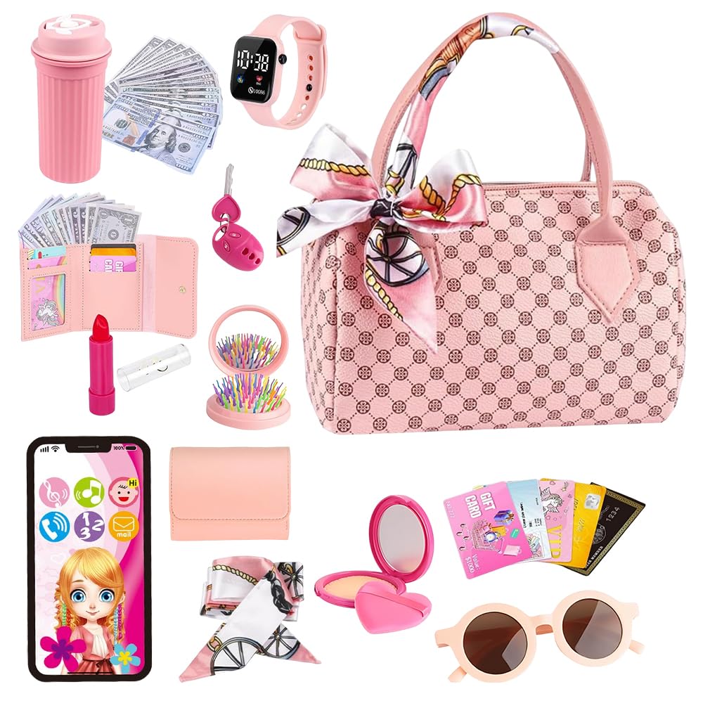 Weciau Play Purse for Little Girls Toddler Handbag with Pretend Makeup, Little Girls Purse with Accessories, Includes Handbag