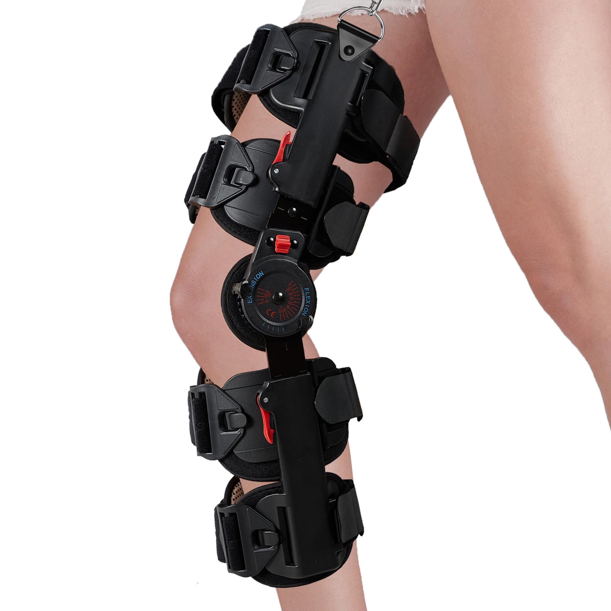 hinged knee brace with shoulder strap, rom knee support for post op recovery side leg immobilizer for stabilization for acl, mcl, pcl injury, adjustable stabilizer after surgery for men and women