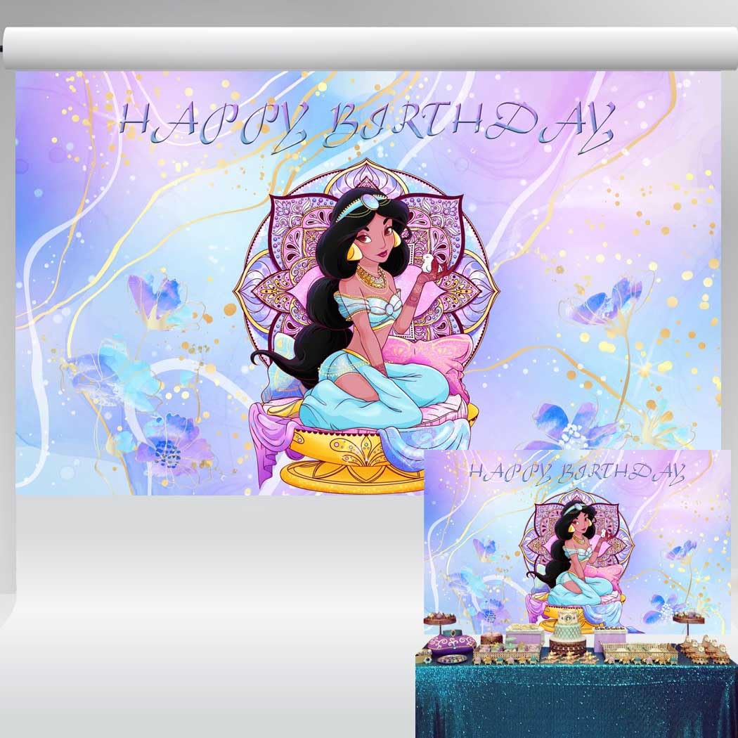 Princess Jasmine Birthday Party Backdrop Decor Glitter Blue Purple Background Aladdin Theme Banner Girl Birthday Decorations 5x3 ft 185
