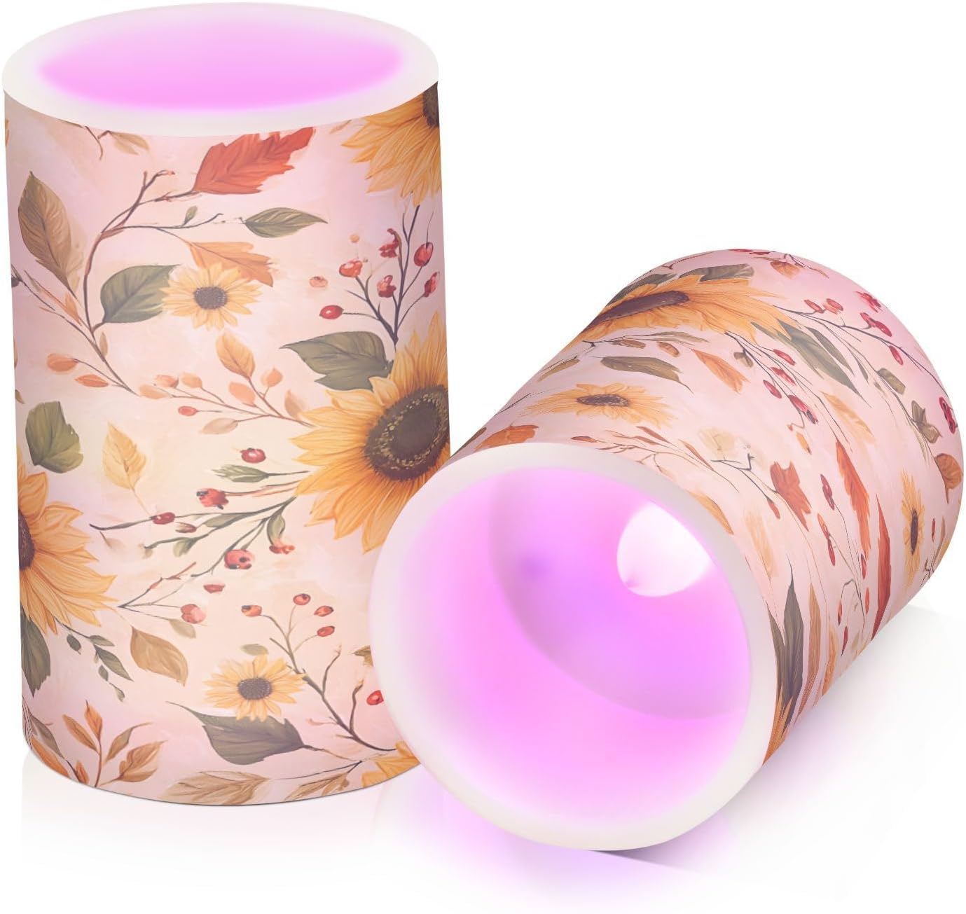 Autumn Fall Watercolor Sunflower Pattern Flickering Flameless Candles Battery Operated with Remote Timer,Tea Light Candles LED Pillar Votive Candles Set of 2 for Outdoor Indoor Decorations