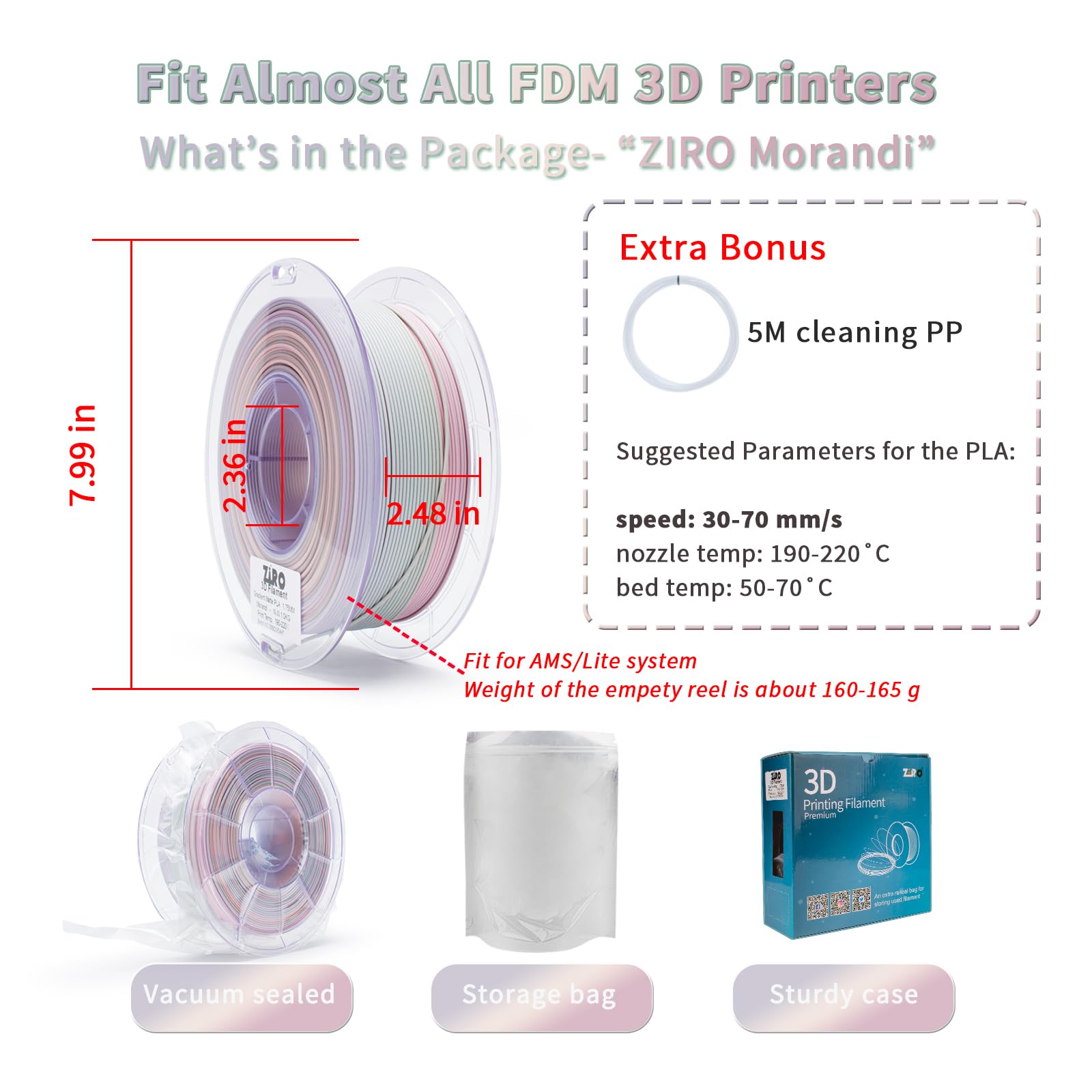 ZIRO Matowy Wielokolorowy Filament 1.75mm PLA, Zmiana Koloru Według Długości Matte PLA do Drukarki 3D, Dokładność Wymiarowa +/-0.03mm, Pasuje do Większości Drukarek 3D, Morandi