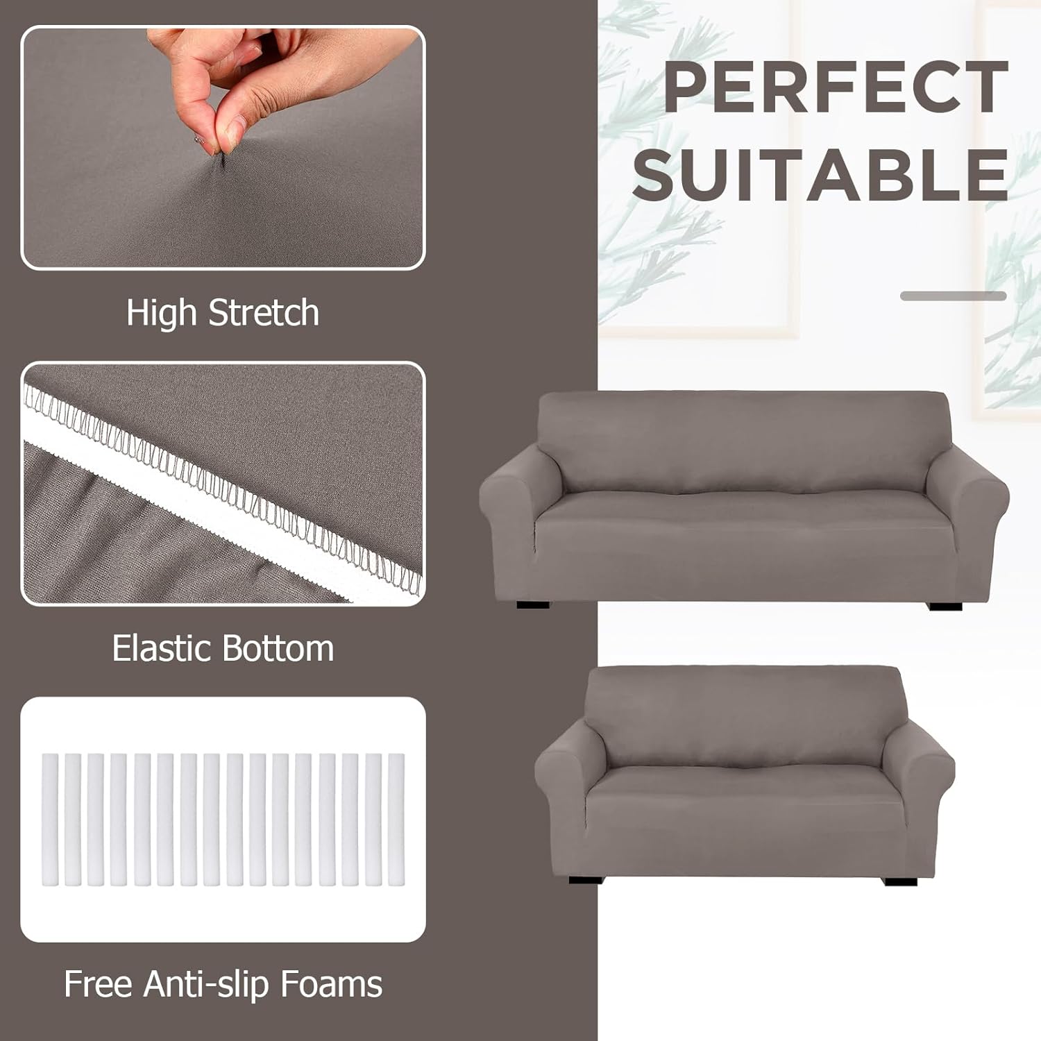 Peryiter 2 Pcs Sofa Covers Couch and Loveseat Covers Set Stretch Sofa Slipcover for Living Room Armchair Furniture Protector, Wrinkle Proof(Taupe,Milk Silk)