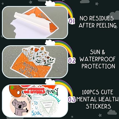 Miniatura 2 de Sabary Paquete de 100 calcomanías motivacionales de PVC impermeables para concientización sobre la salud mental, paquete de calcomanías de vinilo