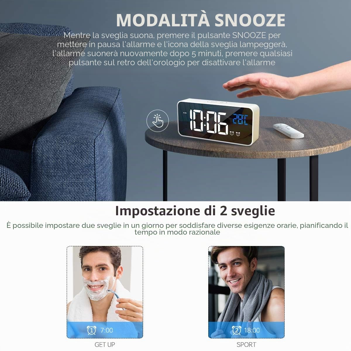 Sveglia Digitale con Grande Display LED, Temperatura, Doppio Allarme a Specchio, Portatile, luminosità Regolabile su 4 Livelli, 13 suonerie.