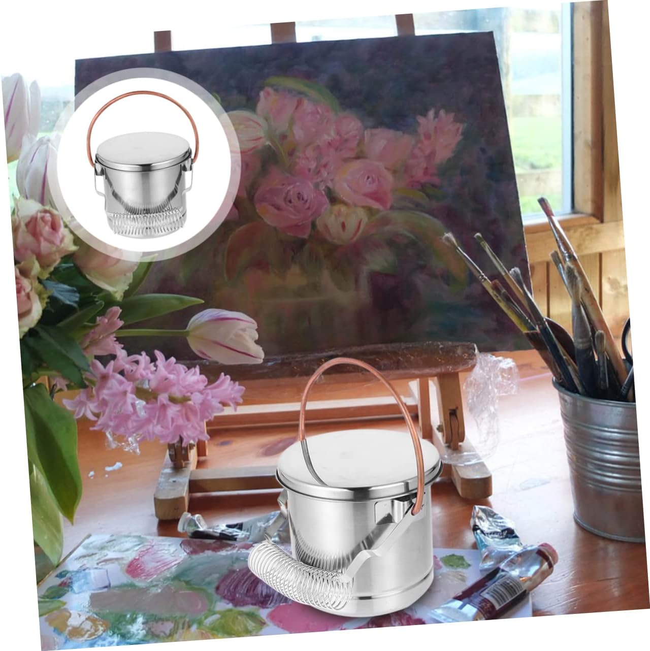 1pc Stainless Steel Paint Brush Washer Removable Strainer for Easy Cleaning Portable Brush Wash Tank for Artists and Students for Oil Painting and Watercolor