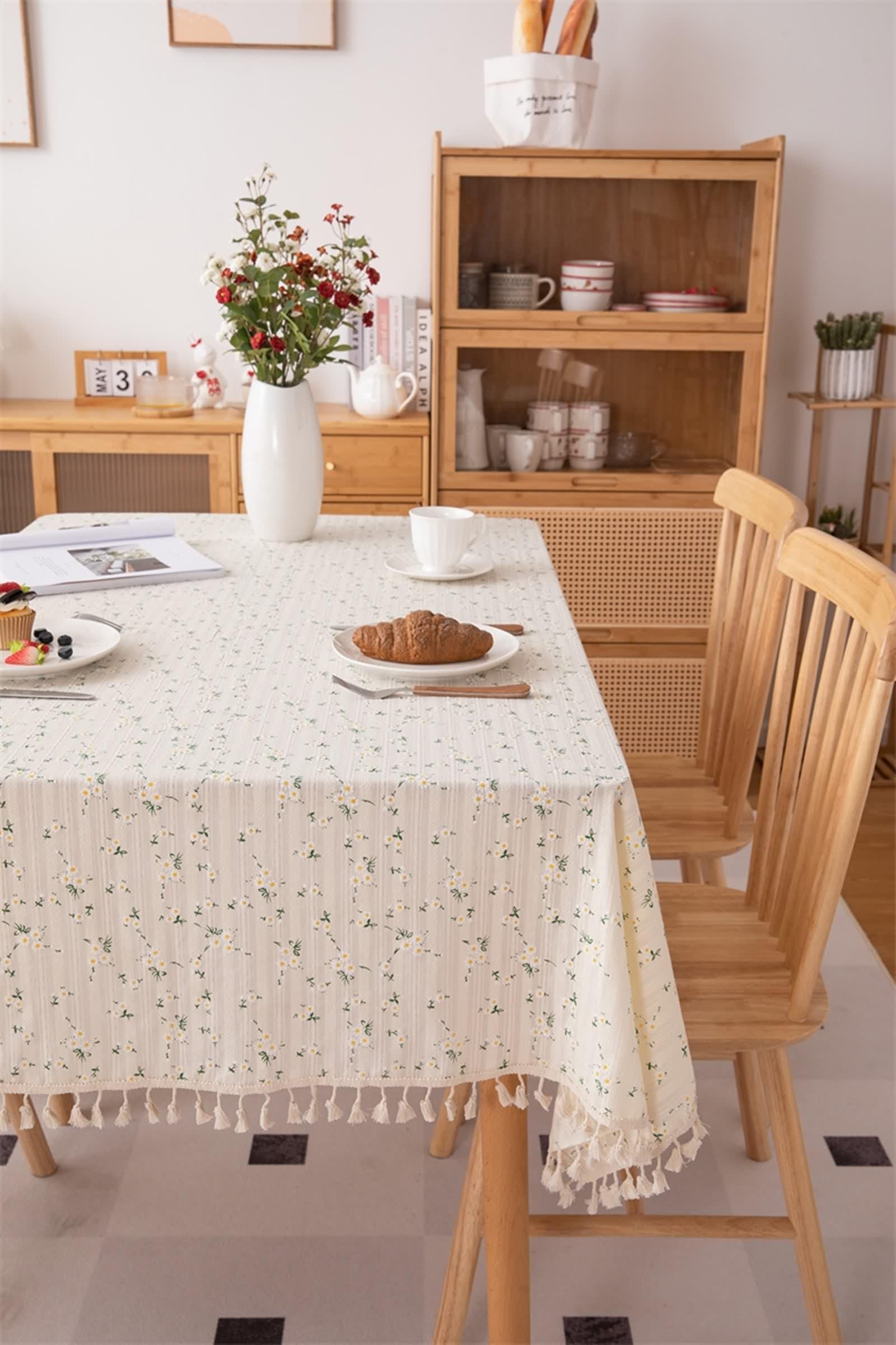 Tovaglia Cotone 140X180, Tovaglia Elegante Matrimonio Beige Verde Fiore Ricamato Copritavolo per Soggiorno Cucina