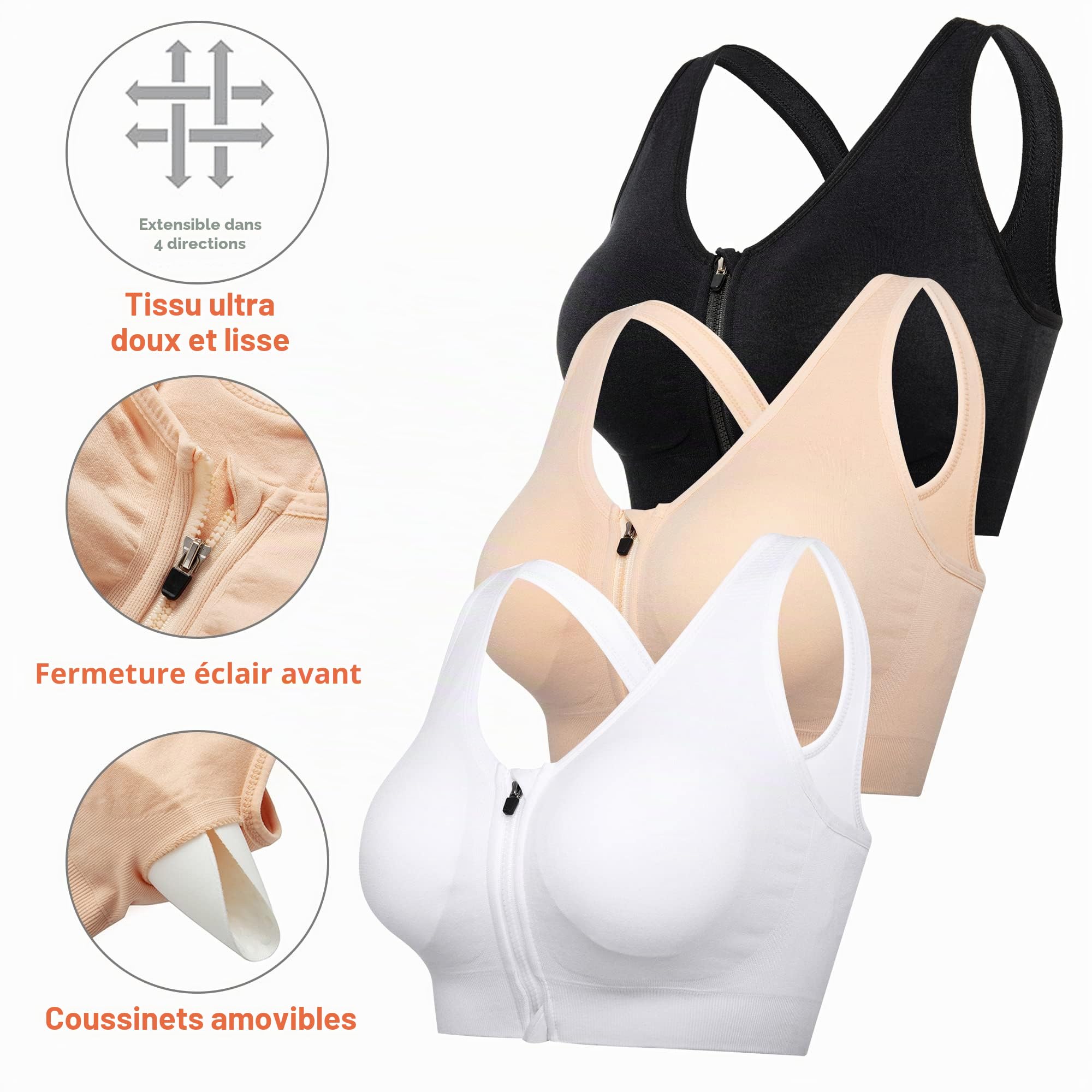 Zip Front Sports Bra Post Surgery Bra Yoga Bra Workout Fitness Activewear Racerback Padded Bras for Women（3PCS）