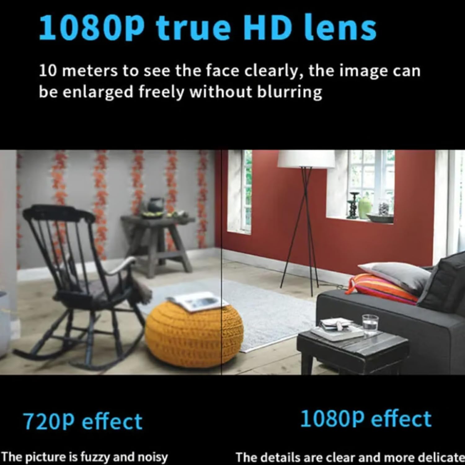 Comparison of 720P and 1080P video quality, showing clearer details in 1080P