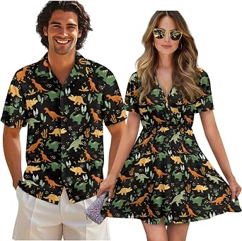 Biyejit Green Dinosaurs Matching Couple Outfits Husband and Wife Clothing Fashionable Mens Casual Shirts Hawaii Sun Dress with Soft Fabric