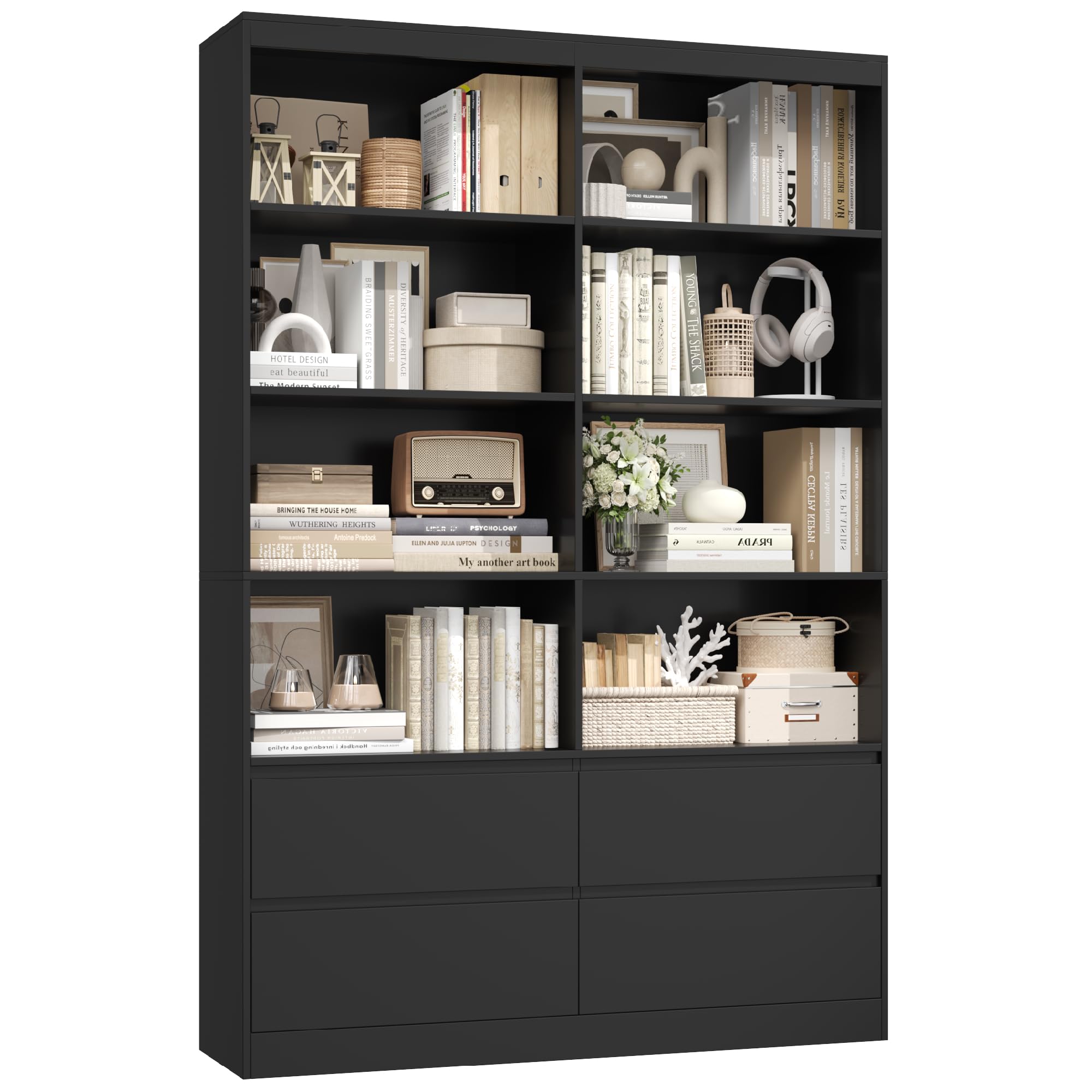 FirFurd Bücherregal mit 4 Schubladen 8 Fächern Bücherschrank 120x30x180cm | Hochschrank groß, Wohnzimmerschrank mit doppeltem Stauraum, Mehrzweckschrank für Wohnzimmer Büro Küche
