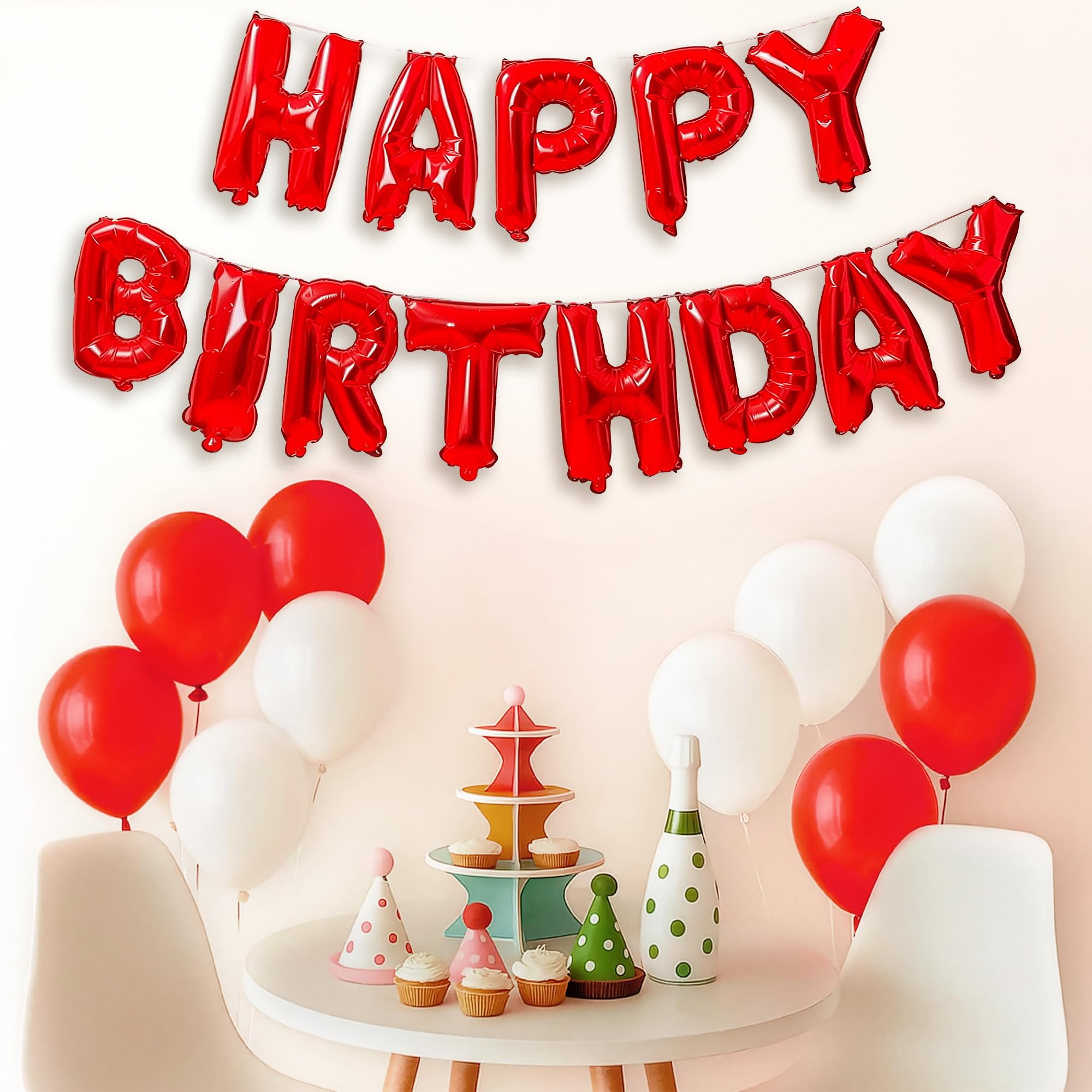 Party Propz Happy Birthday Decoration Kit Red Theme – 12 Pcs with Happy Birthday Banner, Red And White Balloons For Decoration, Arch Roll for Bday Decor items,Foil Letter Balloons (Latex, Foil)