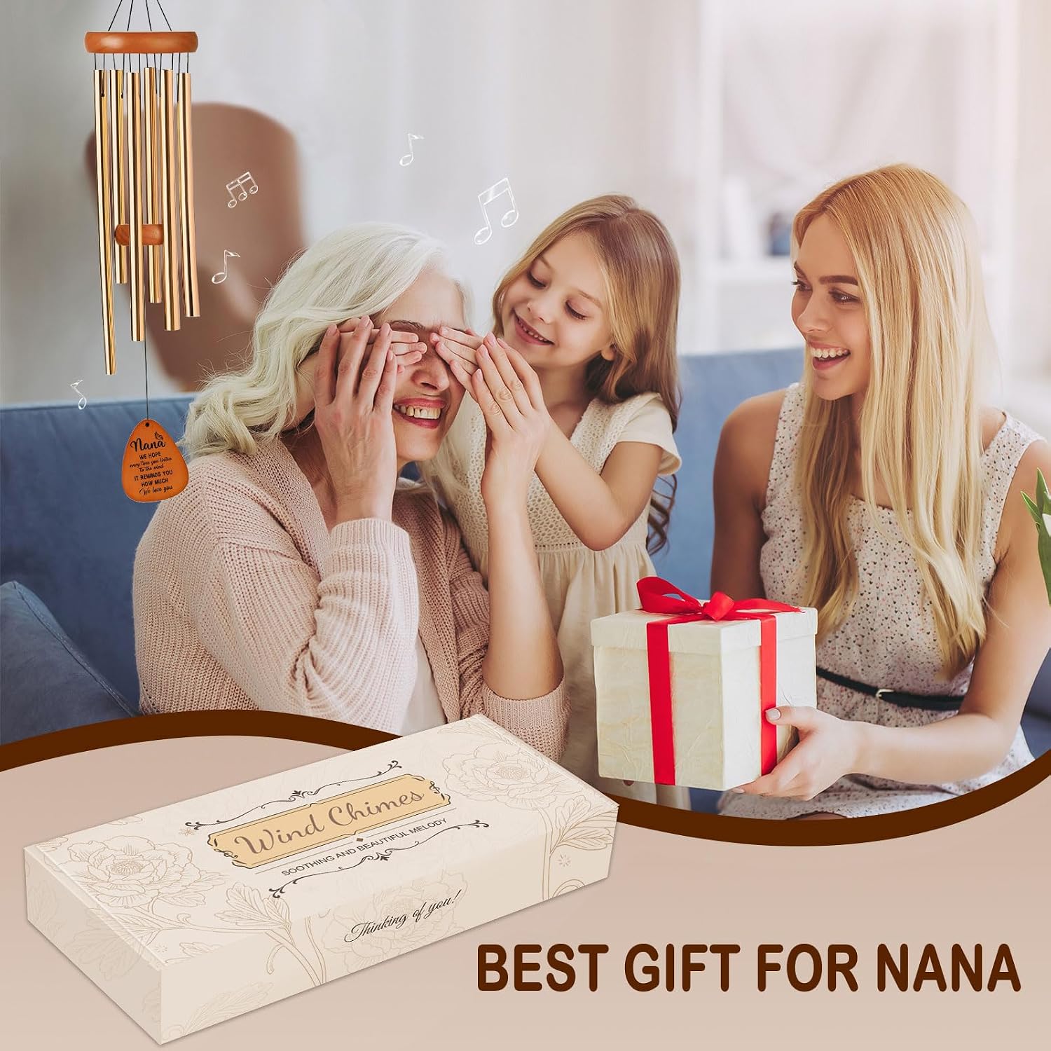 Gifts for Nana, Wind Chimes for Nana, Mother's Day Best Gift for Nana, Heartfelt Birthday Present from Grandkids, Unique Gifts Ideas for Mothers Day, Thanksgiving, Christmas, Festival (Gold) image 2