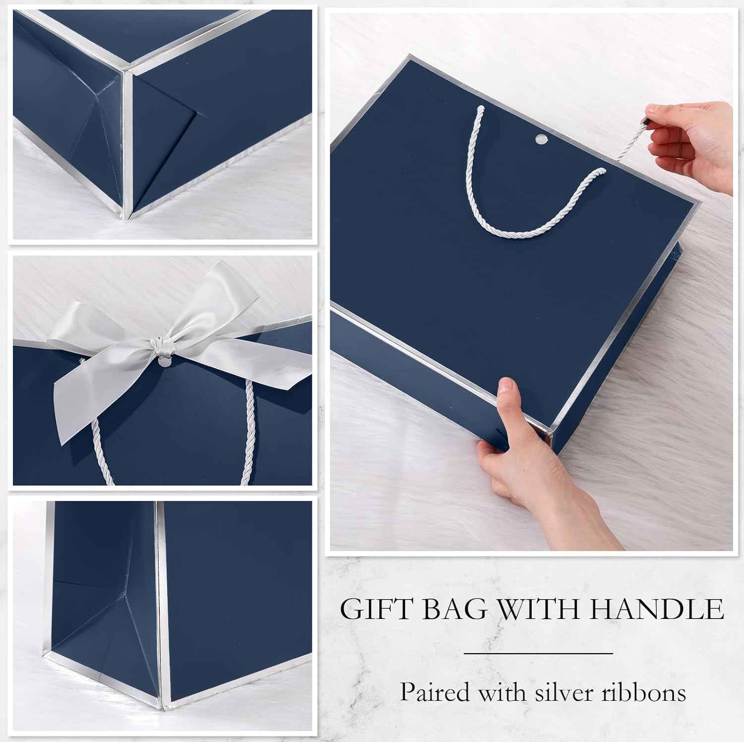 Silkfly Thank You Gift Bags with Handle 12x10x4'' Welcome Return Gifts Bag with Bow Ribbon for Wedding Bridesmaid Baby Shower Birthday Housewarming Employee Appreciation Day(Navy Blue, Silver,12 Pcs) - Image 3