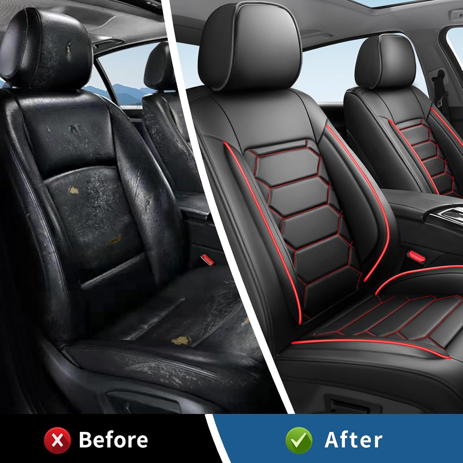 Car Seat Covers Compatible with Kia Forte 2010-2025 LXS GT-Line LX GT EX S FE SX Waterproof&Breathable Leather.Compatible with Airbag.All-Weather Seat Cushion Protector(2 Front/Black&Red)