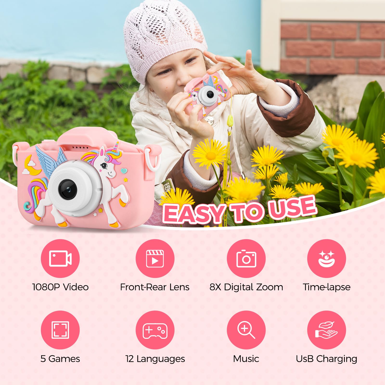 KANAD Kids Camera, Toys for Age 3-8 Year Old Girls, Easter Basket Stuffers Gifts for Kids, 1080P HD Selfie Digital Video Camera for Toddlers - Pink