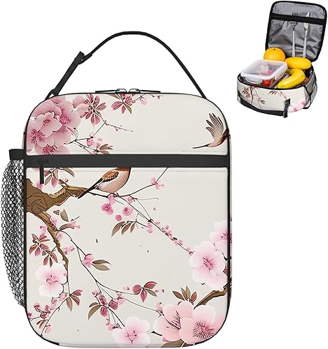Miniatura 3 de Lonchera aislada para mujeres y hombres, trabajo, dos pájaros y flores, flores de durazno, floral, reutilizable, a prueba de fugas, para adultos,