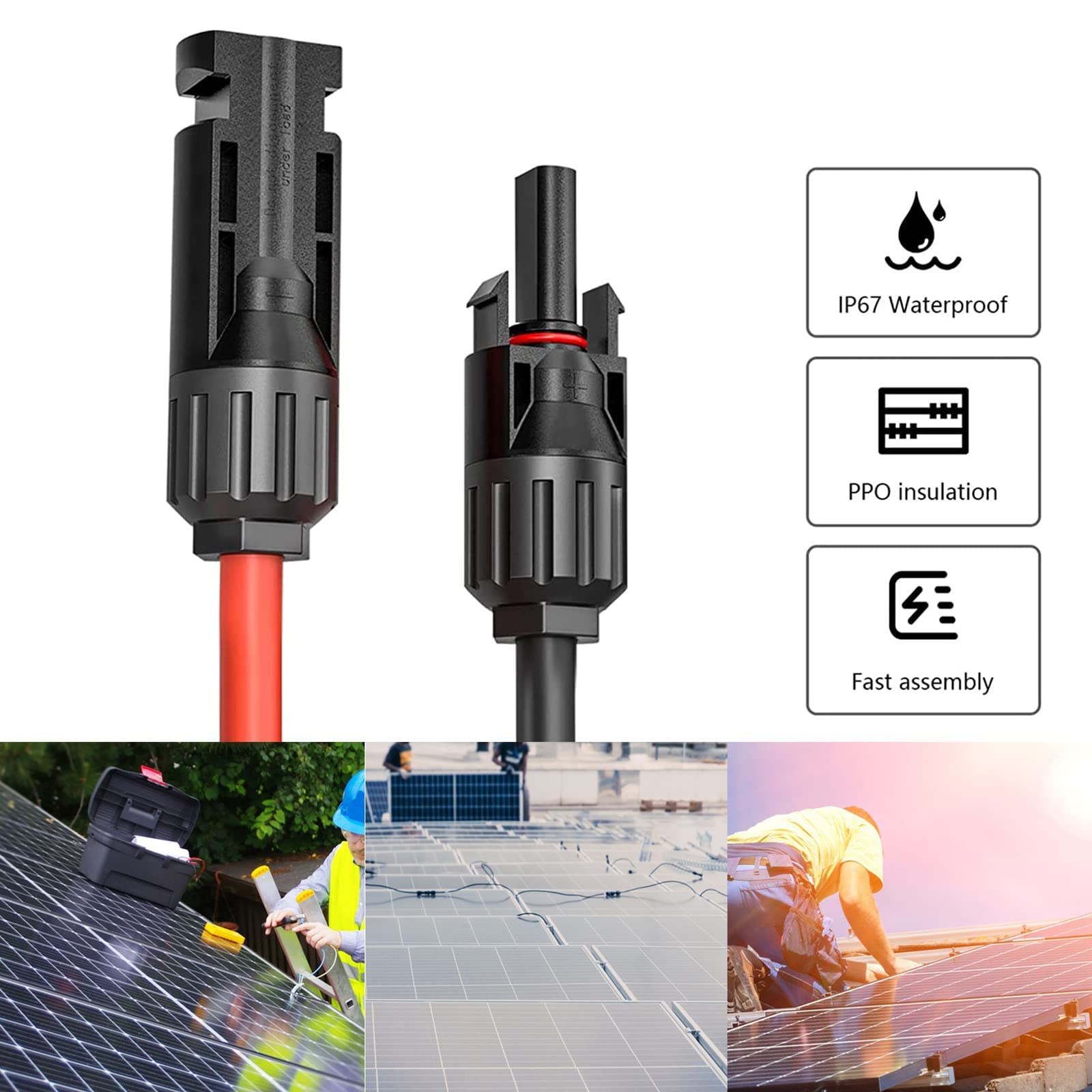 Kabel solarny przedłużacz 2 m, 12 AWG/4 mm², przedłużacz solarny, 1500 V, fotowoltaiczny kabel solarny IP67, wodoszczelny czarny/czerwony (14 AWG -10 m)