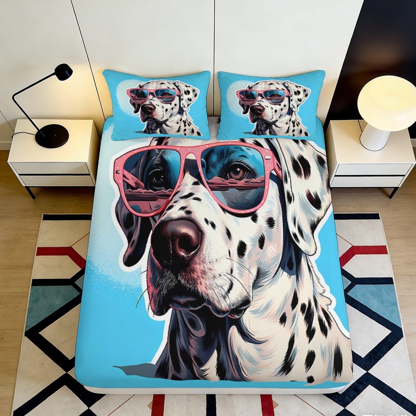 3D Printed Dalmatian Dog Fitted Sheet Microfiber Anti-Slip Blue Sunglasses Mattress Cover for Bedroom Guest Room Decor Easy Care 90x200x25cm