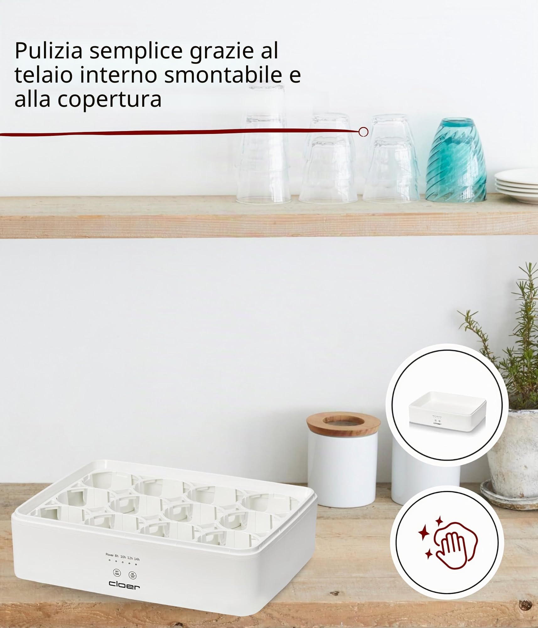 Cloer 9921 Yogurtiera per 12 vasetti, ciascuno da 150 ml di capacità, per yogurt e colture di fermentazione, timer, 8–14 ore, corpo in plastica bianca, 17 W, coperchio trasparente
