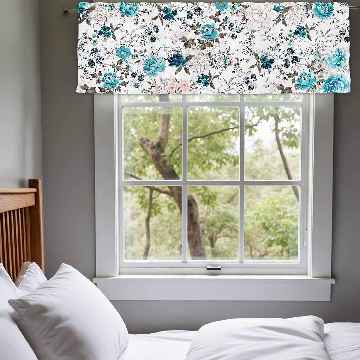 54x18Inch Turquoise Blue Pink Floral Window Valance Curtain Polyester