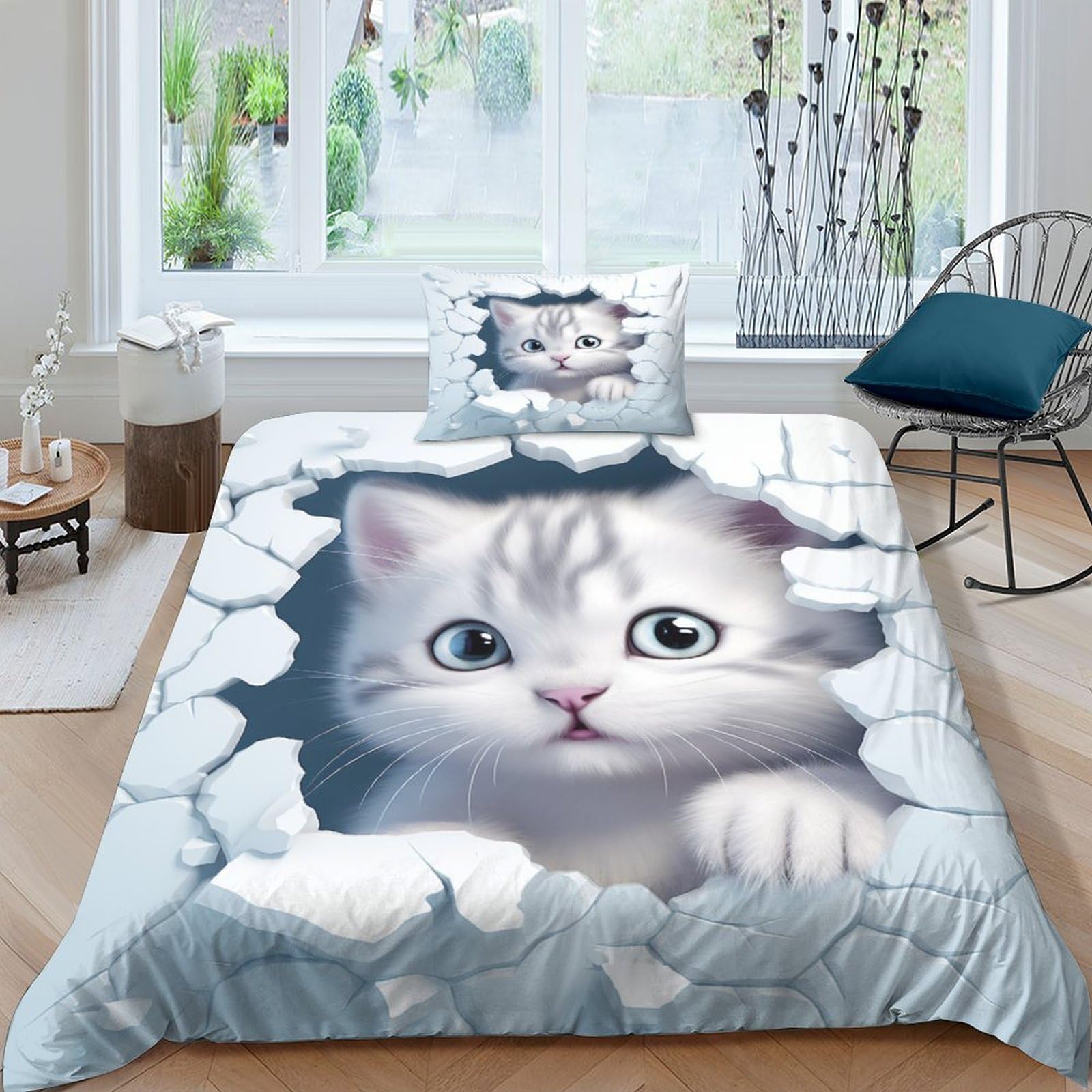 Housse de couette chat 135x200 cm avec taie d'oreiller pour lit simple
